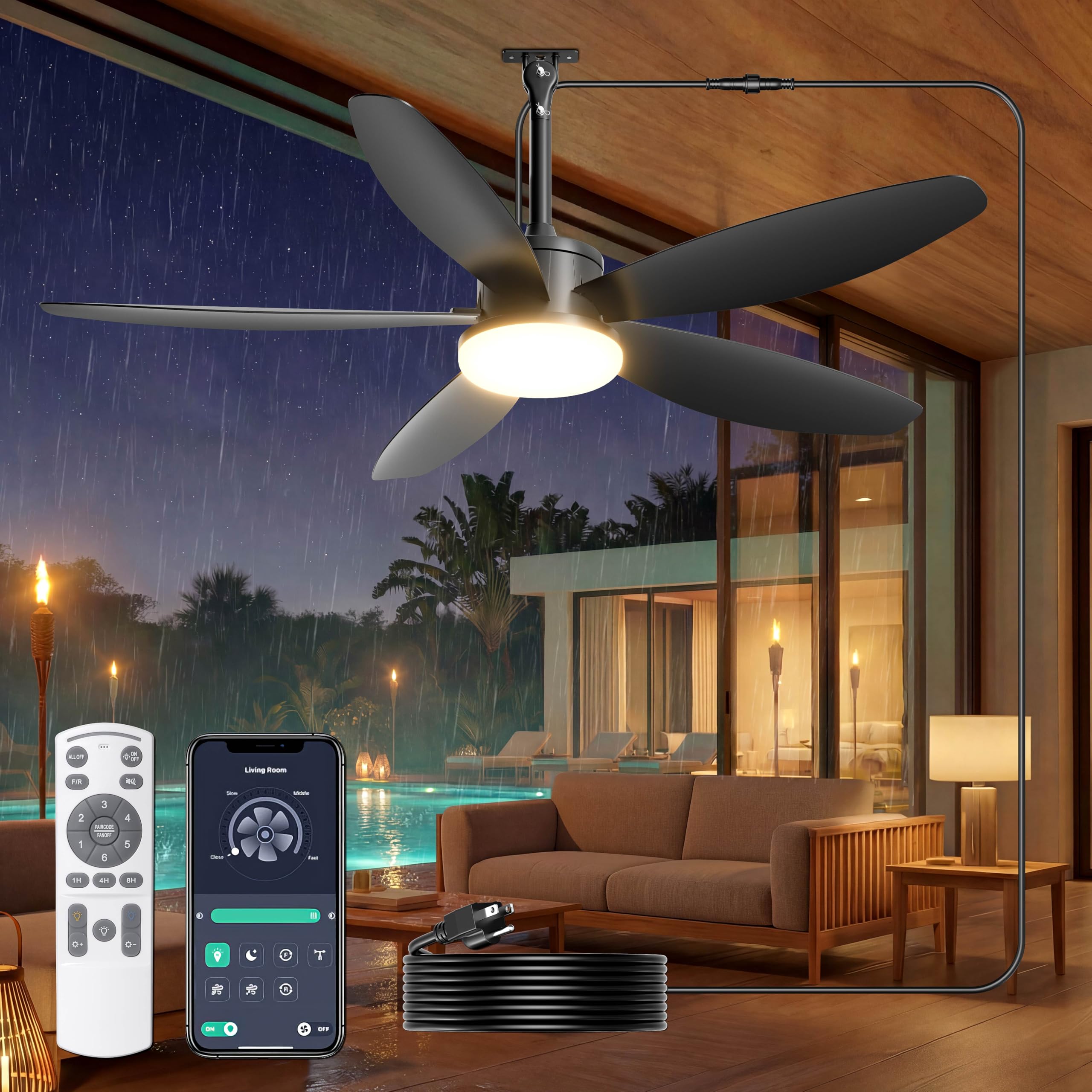 Outdoor Ceiling Fan with Lights, 42 Inch Plug in Gazebo Fans with Remote APP Control, Quiet DC Motor, Dimmable 3CCT, Waterproof Hanging Fans for Patios, Porch, Black