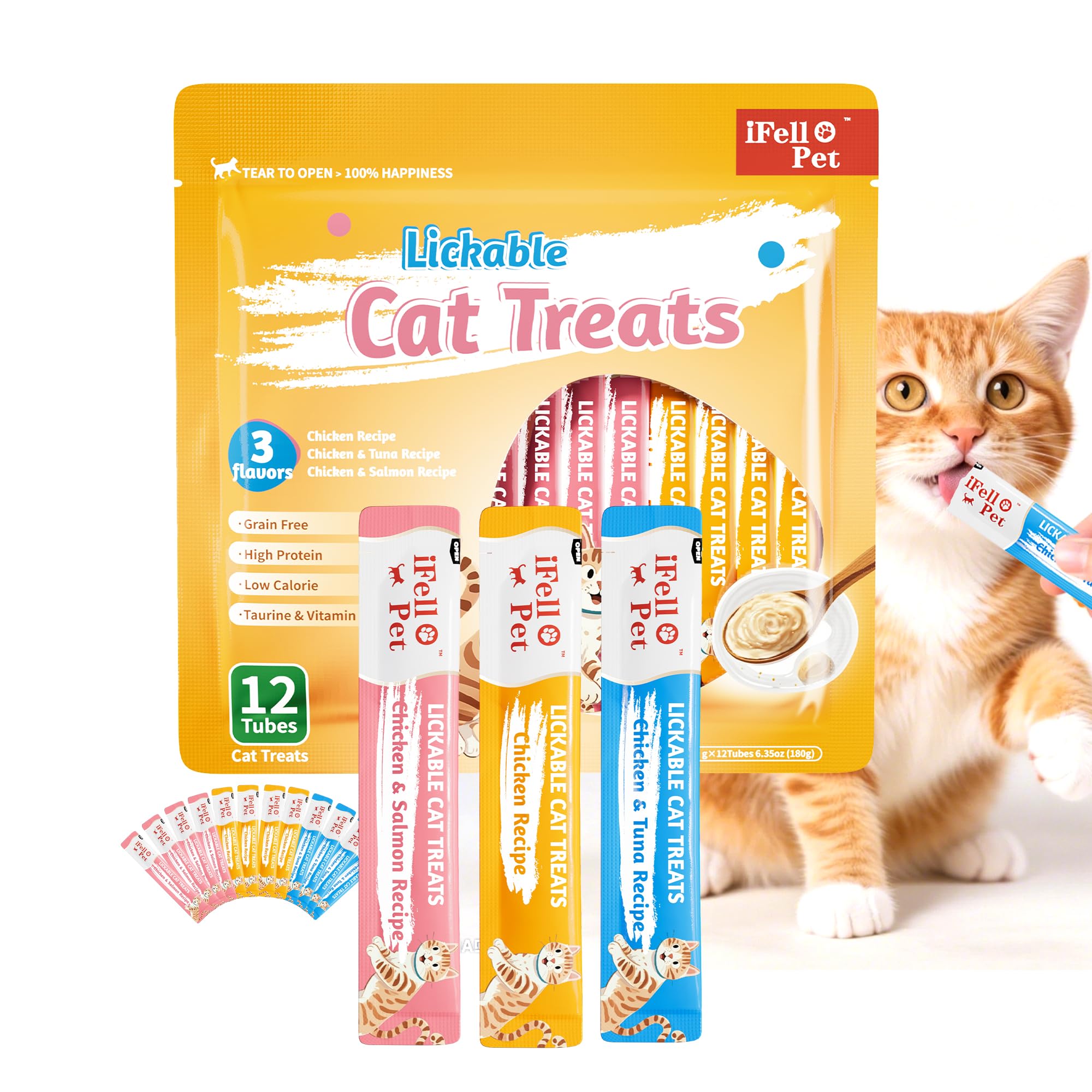 Cat Treats, High-Meat High-Moisture Lickable Cat Treats, Variety Pack – Real Chicken & Seafood – Silky Creamy Purée – Grain-Free (15g Each | 12 Tubes)