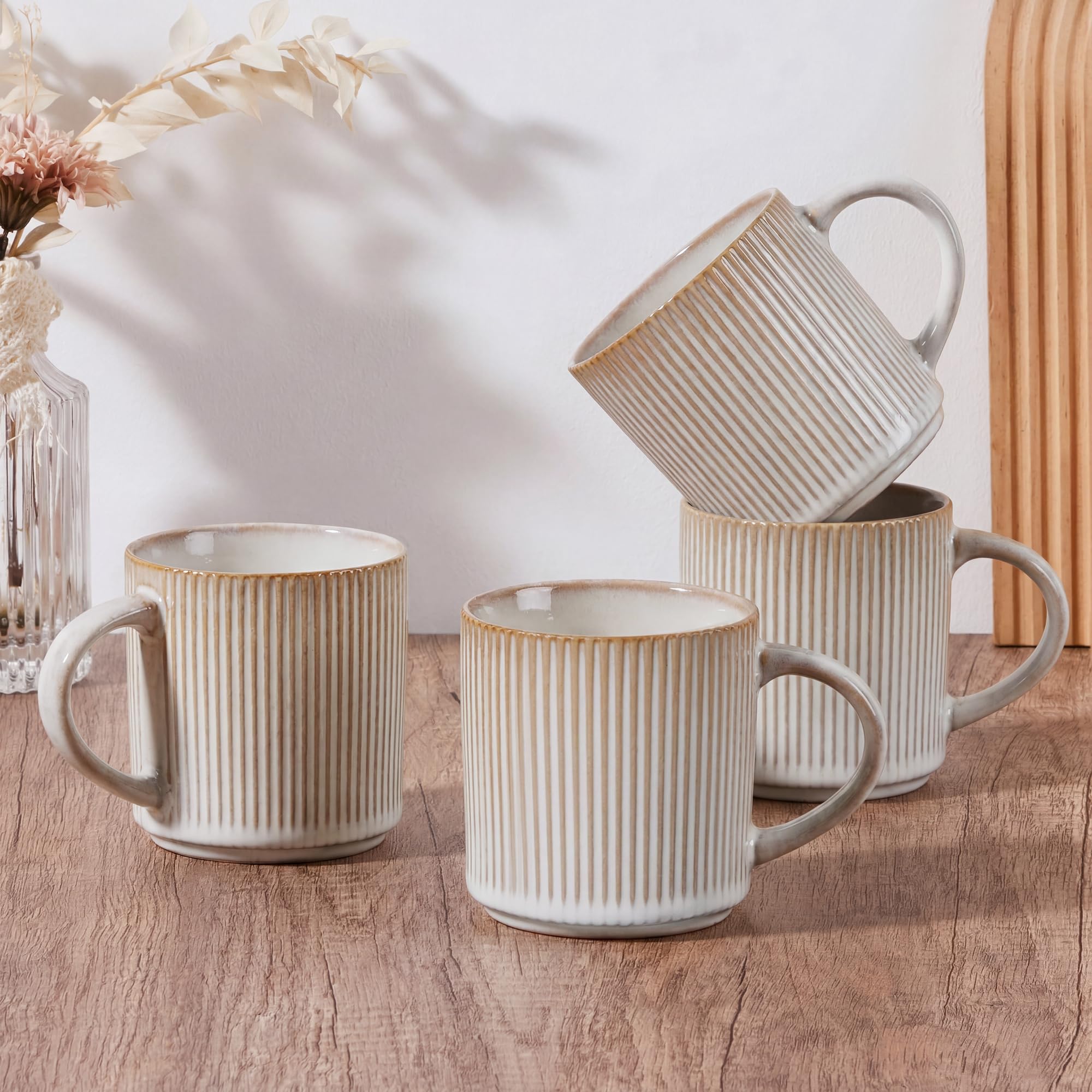 E-far Coffee Mugs Set of 4, 12 oz Stoneware Coffee Cups with Handle for Latte, Tea, Cocoa, Milk, Modern Ribbed Ceramic Mugs for Man Woman, Microwave & Dishwasher Safe, Creamy Beige