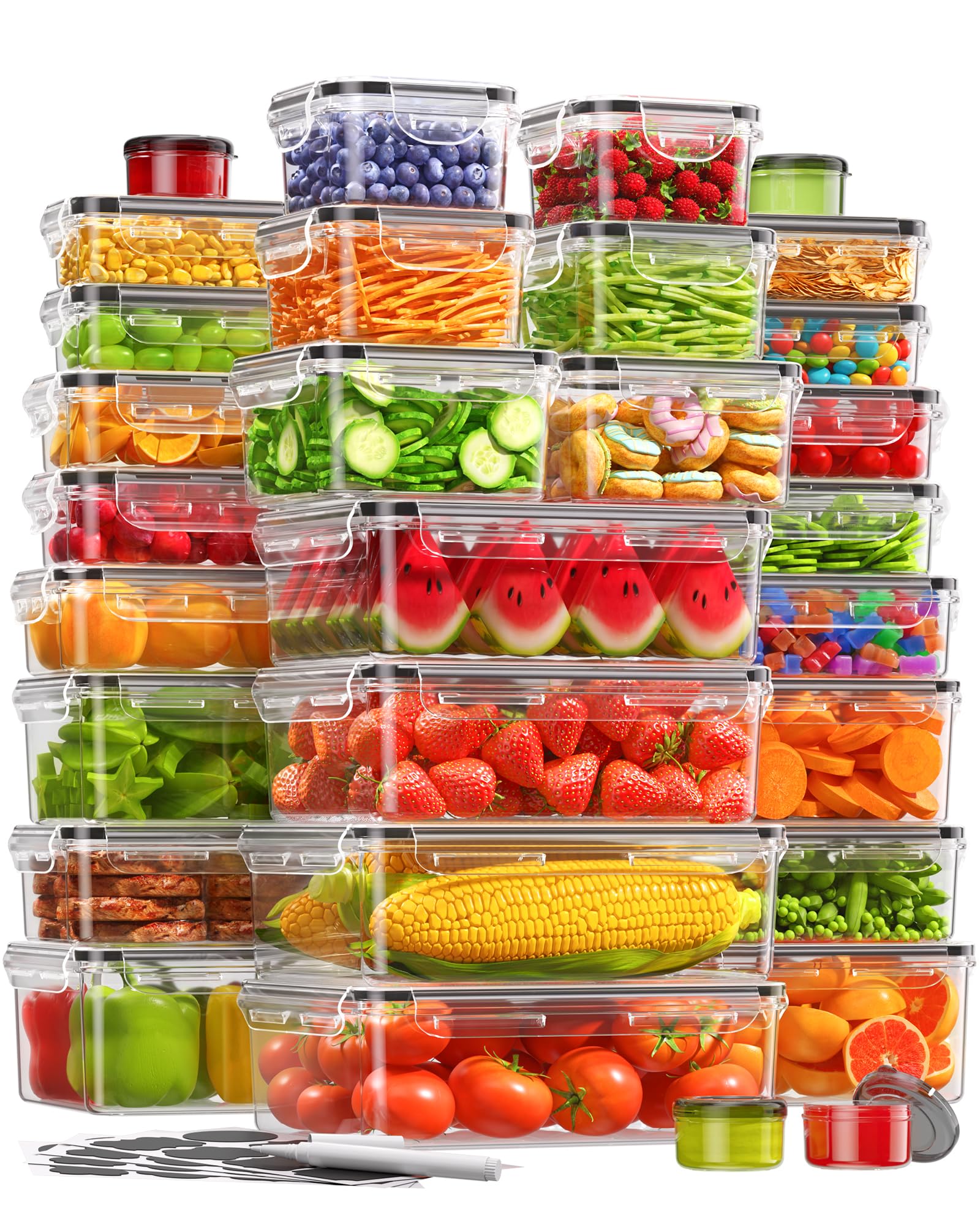 KEMETHY 60 PCS Food Storage Containers with Lids, BPA-Free Plastic Food Containers for Kitchen Storage, Leak Proof, Reusable Meal Prep Containers with Labels & Pen