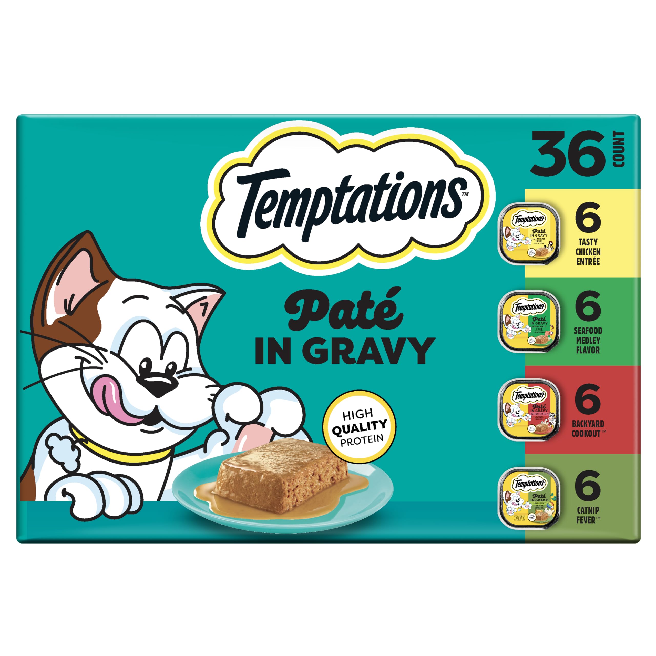 Temptations Pate in Gravy Adult Wet Cat Food Tasty Chicken Entree, Seafood Medley, Backyard Cookout, and Catnip Fever, 3.5 oz. Trays (36 Count, Pack of 1)