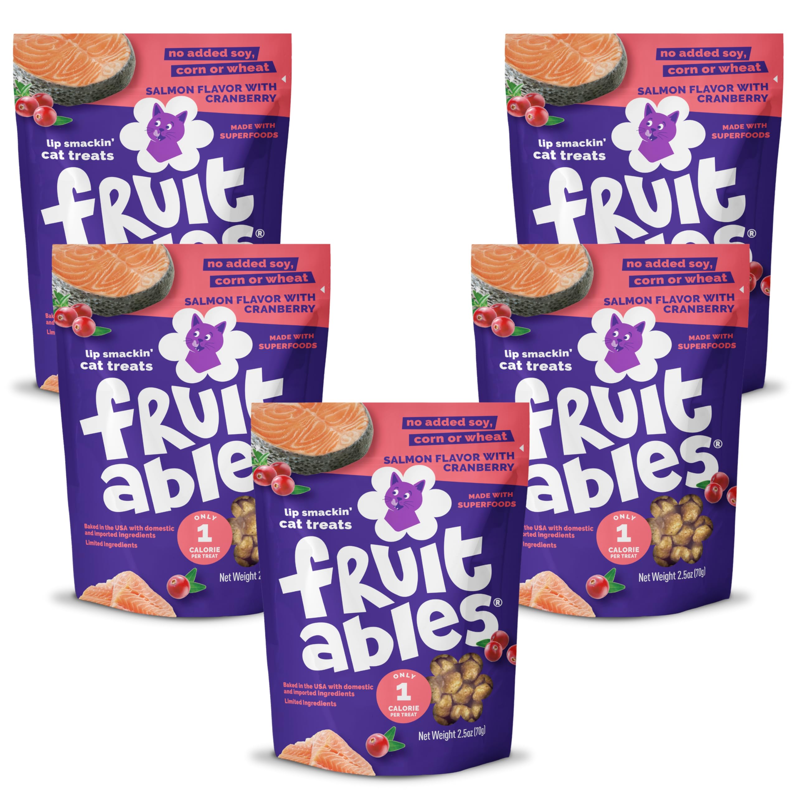 Fruitables Crunchy Cat Treats with Salmon & Cranberry, 2.5 oz 5 Pack | Low Calorie Cat Snacks with Protein | Limited Ingredient Cat Treats Made with Real Salmon