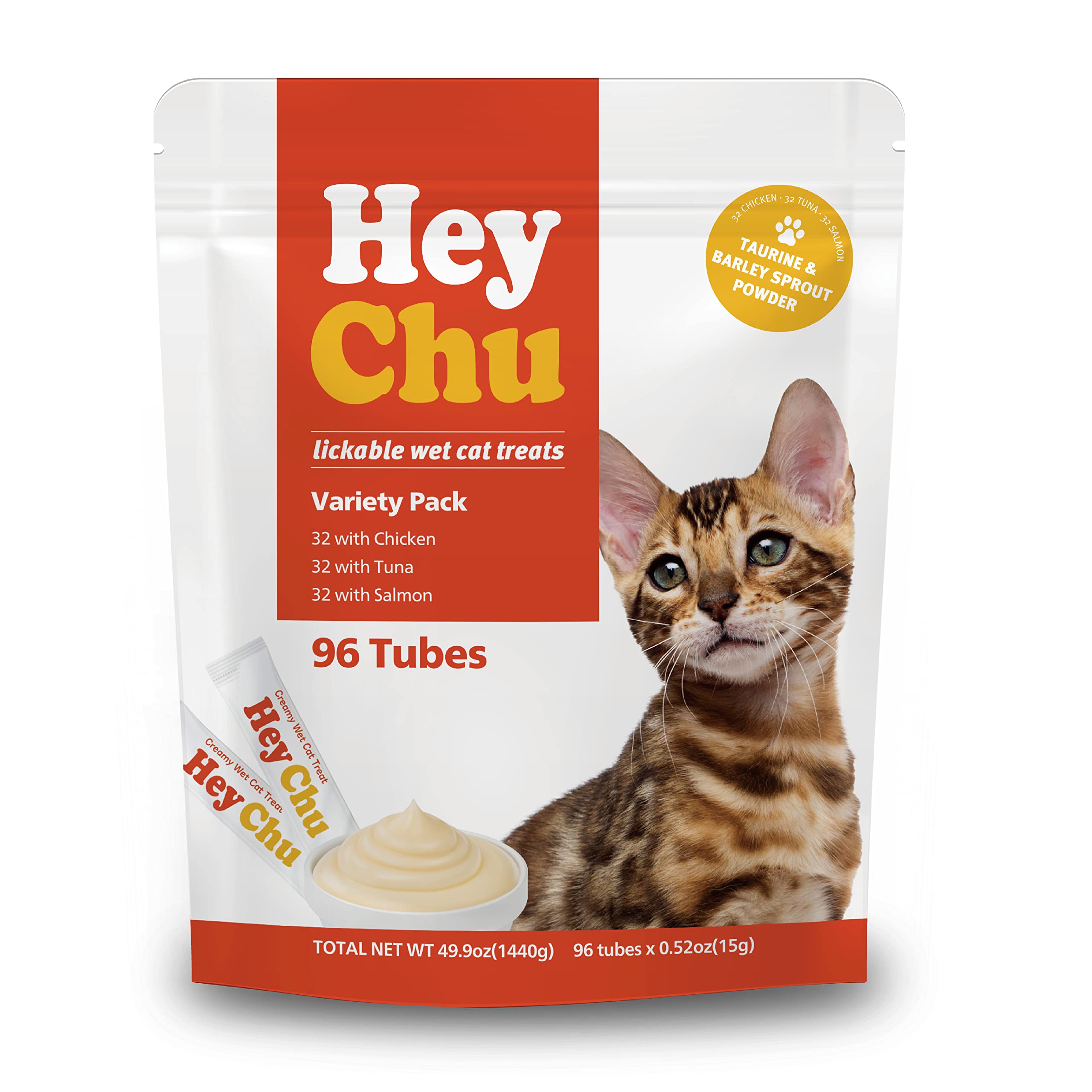 Lickable Cat Treats - Grain-Free Squeezable Wet Cat Food Topper for Kittens & Seniors, Variety Pack (Tuna, Salmon, Chicken), 96 Tubes Bulk