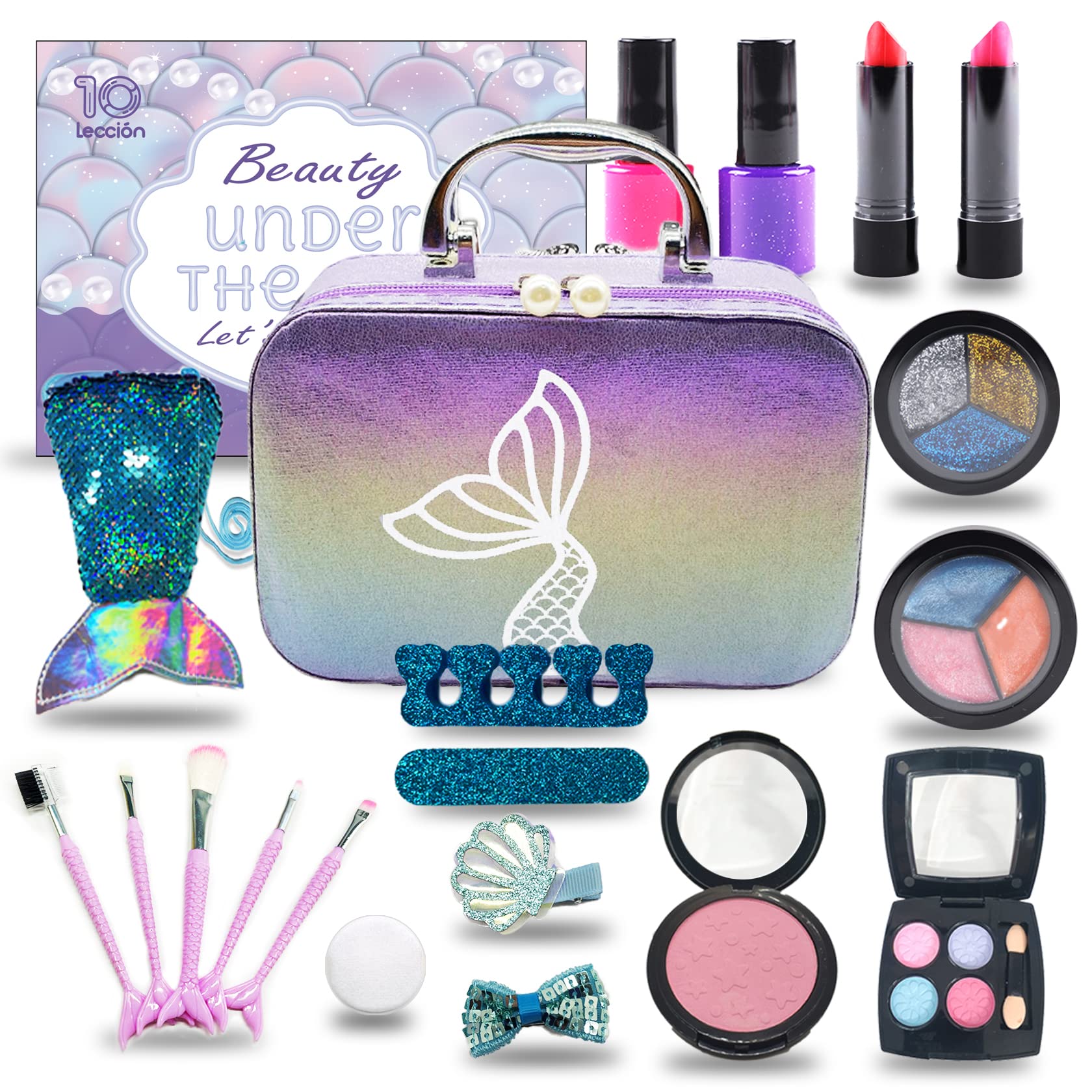 Kids Makeup Set for Girls - Non Toxic Washable Mermaid Makeup Kit, Little Mermaid Toys for Girl 5-7, 8-12?Princess Dress up Beauty Vanity Set?Ideal Party Gifts for Halloween Christmas and Birthday