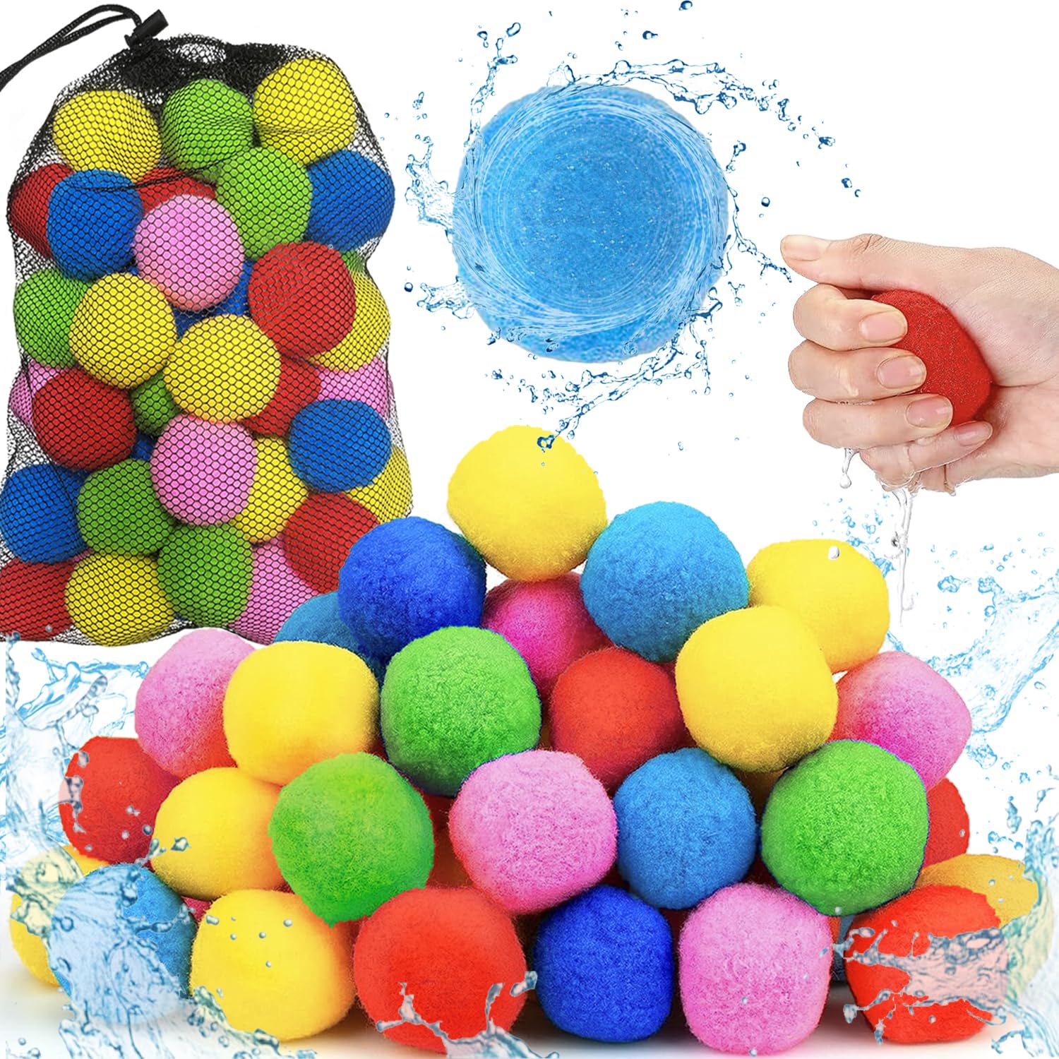 60pcs Reusable Water Balloons Quick Fill Sponge Balls Easter Beach Pool Toys for Kids Ages 3-5-7 4-8-12 Year old Boys Teens Adults, Outdoor Summer Yard Water Fight Party Games to Play w/Friends Family
