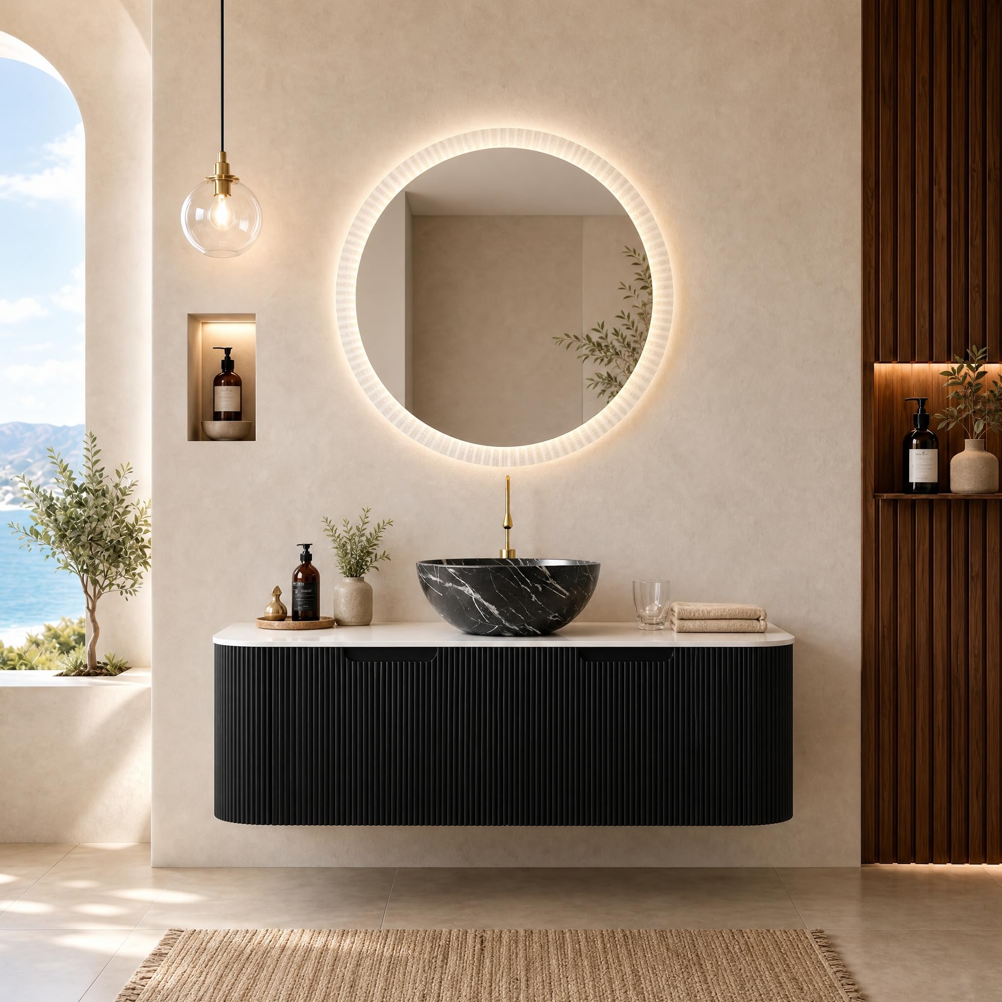 48” Floating Bathroom Vanity with Sink, Fluted Wall-Mounted Solid Wood Cabinet, Black Marble-Patterned Bowl Basin, Faux Marble Top, Soft-Close Drawer, Pre-Assembled, Gloss Black