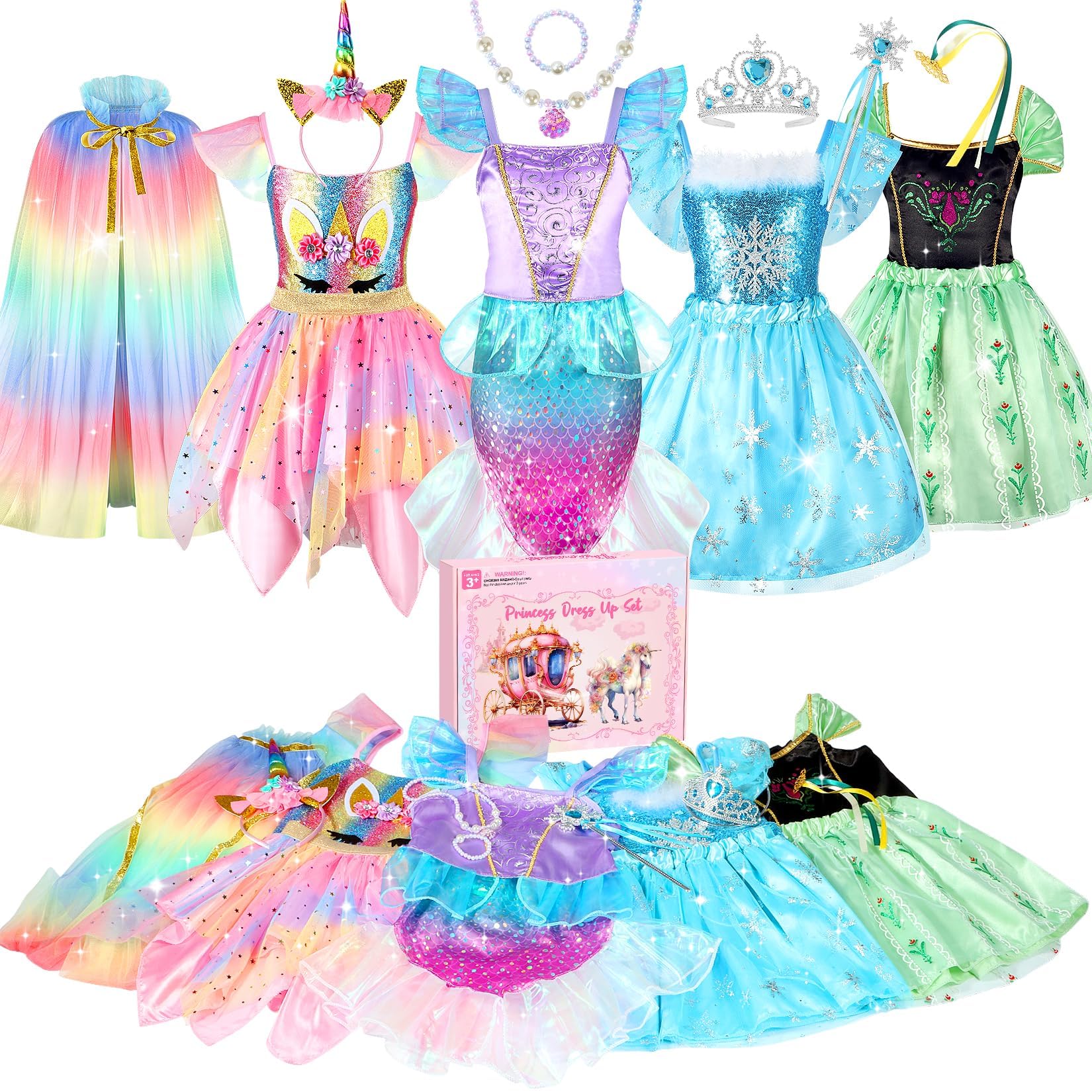 HAMSILY Princess Dress Up Clothes for Little Girls: Princess Costume for Girls Toddler, Unicorn Costume & Mermaid Costume, Girl Toys Age 3 4 5 6 Year Old Girl Birthday Gifts with Cape, Jewelry, etc