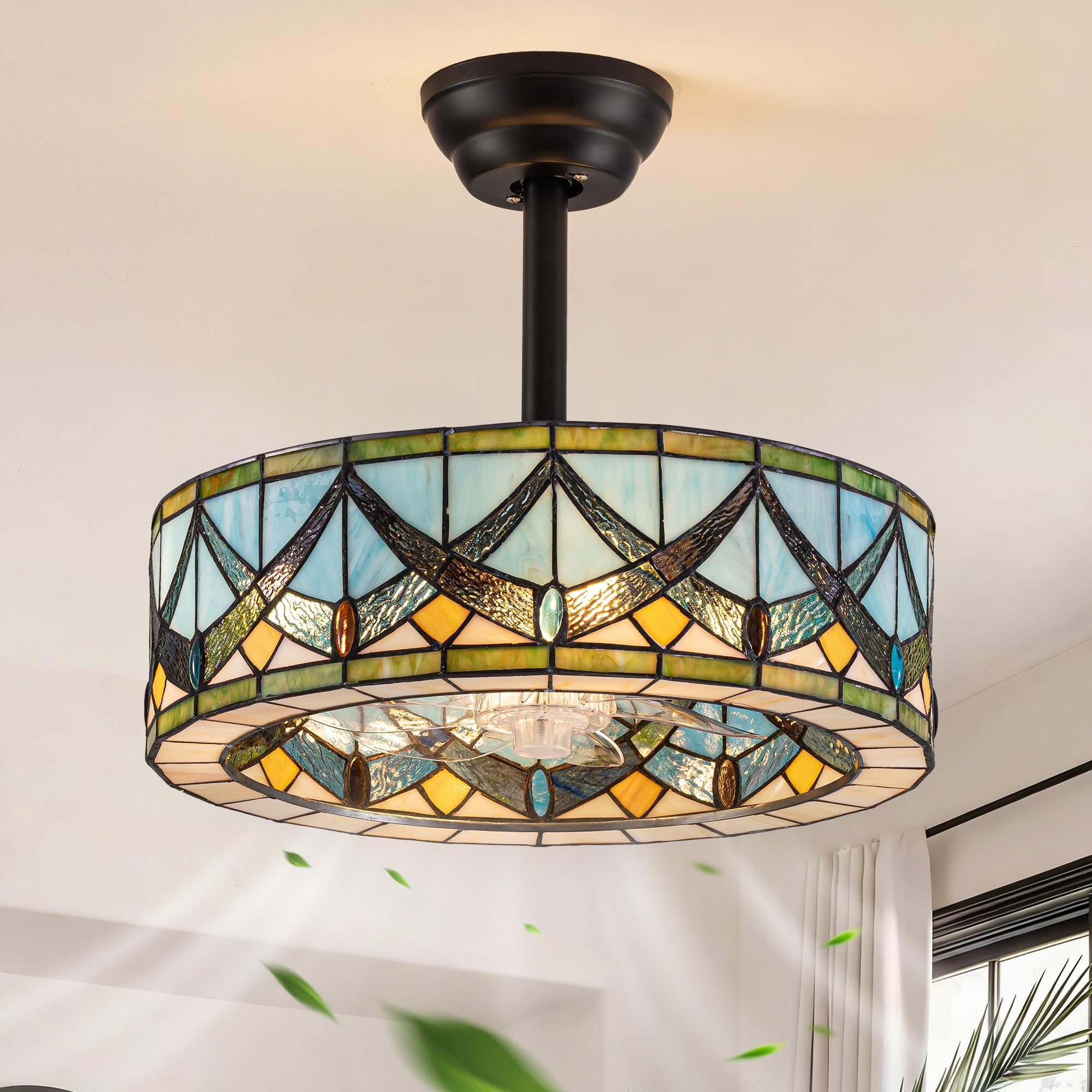Tiffany Style Chandelier Ceiling Fan Handmade Stained Glass Fandelier Ceiling Fan with Light and Remote Black Caged Vintage Ceiling Fan for Bedroom,Living Room,Foyer(6 Speed,Timing,Adjustable Height)