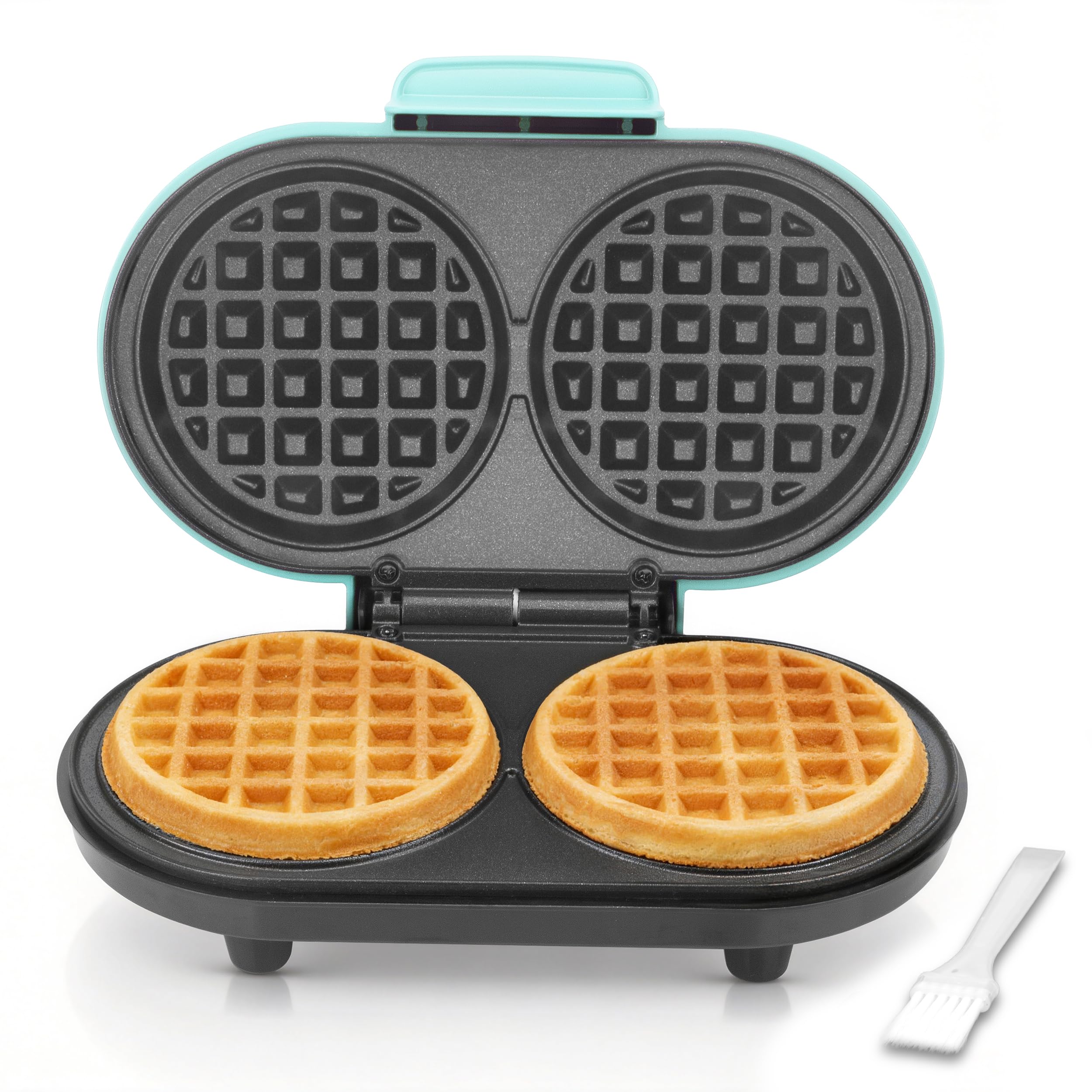 AshGlen Double Mini Waffle Maker for kids, Waflera Electrica with 2 X 4” Round Non-stick Grids, Small Waffle Maker Mini, Makes 2 Personalized Keto Chaffle Waffles, Mini Waffle Iron, Aqua