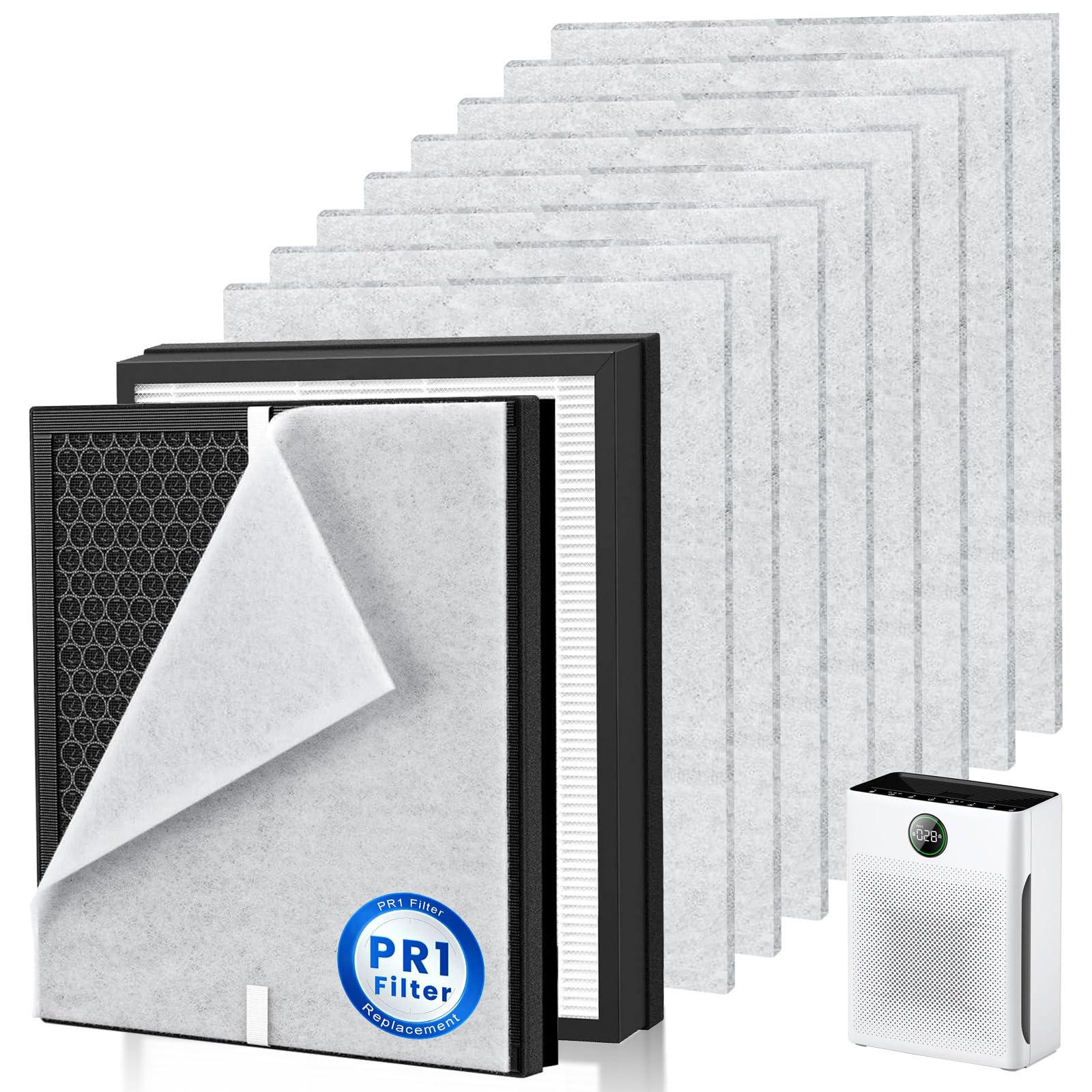 2 Pack PR1 Replacement Filter for Mooka PR1 Air Purifier,H13 True HEPA Filter for Home Large Room up to 2200sq.ft, with 8Pcs Washable Filter for Pets