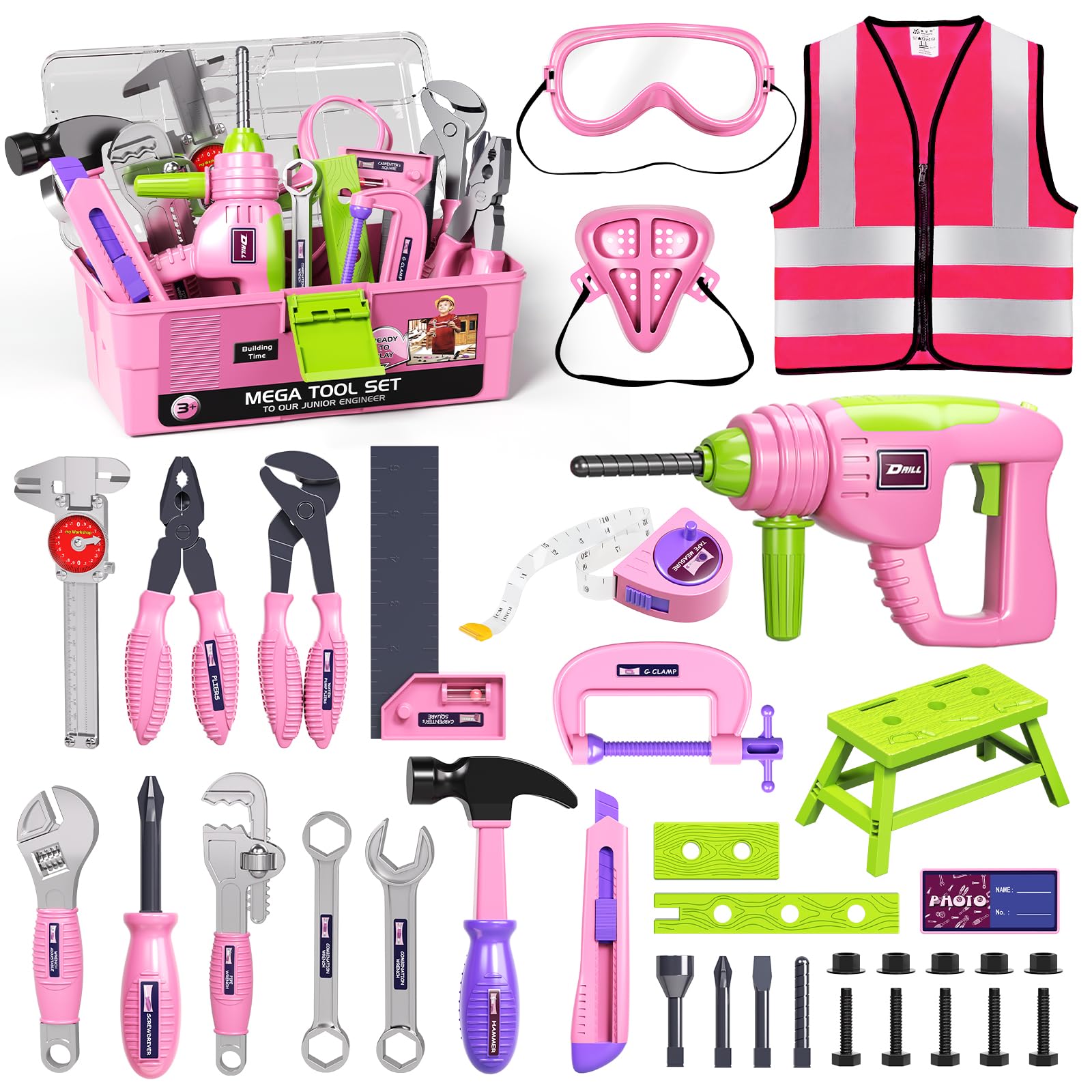 Pink Kids Tool Set for Girls-Toddler Tool Set with Electronic Toy Drill & Tool Box, STEM Pretend Play Construction Toys with Costume Vest, Educational Gifts for Age 3 4 5 6 7 Year Old