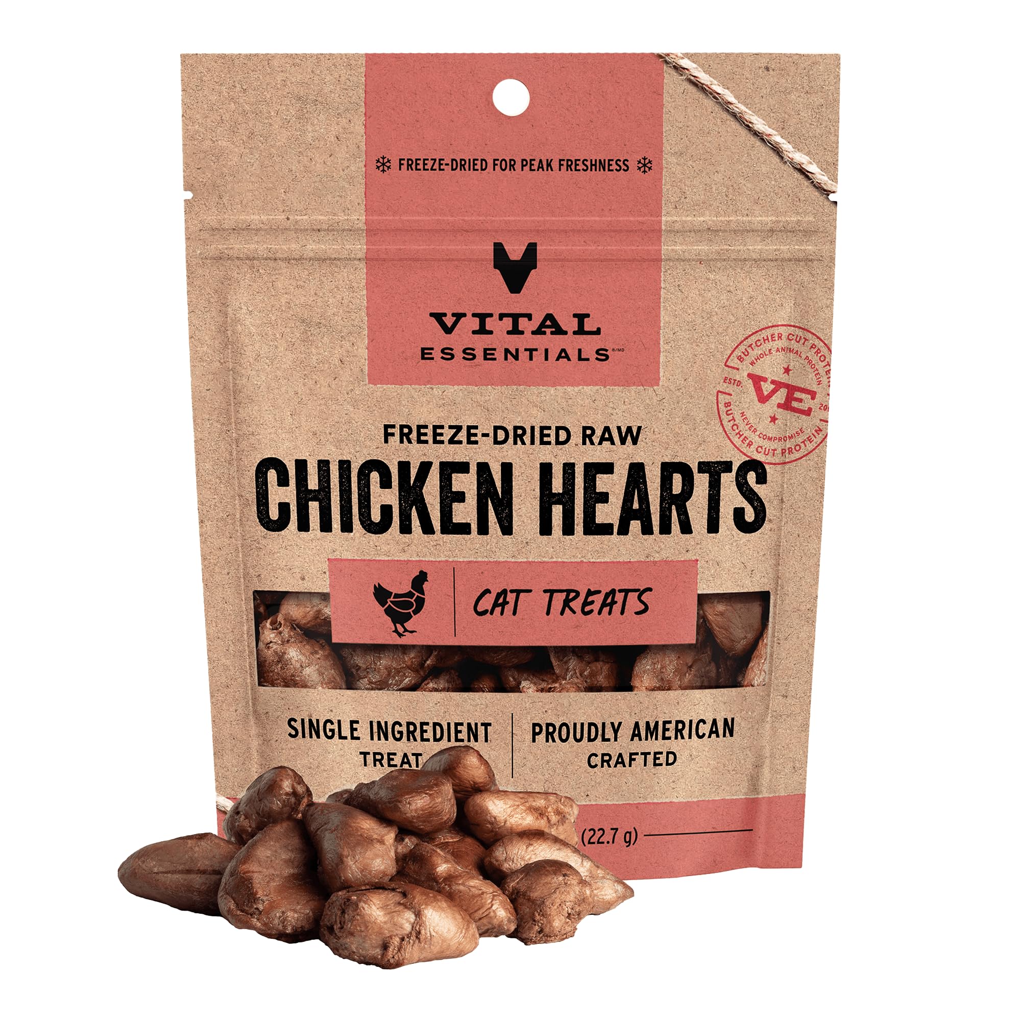 Vital Essentials Freeze Dried Raw Chicken Hearts Cat Treats | Single Ingredient | Premium Quality | Grain Free, Healthy Treats for Cats, 0.8 oz Bag