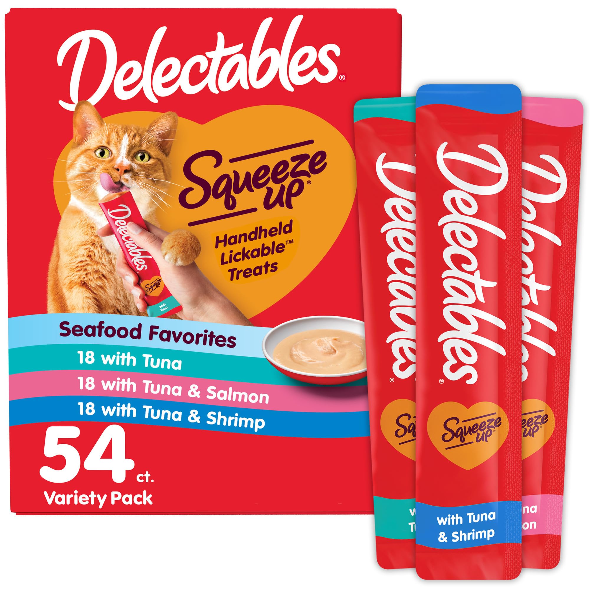 Delectables Squeeze Up Seafood Variety Pack, Creamy Squeezable Puree, Lickable Wet Cat Treats, Grain Free, No Added Fillers, No by-Products, No Added Preservatives, 0.5 Ounces Tube, 54 Tubes Total