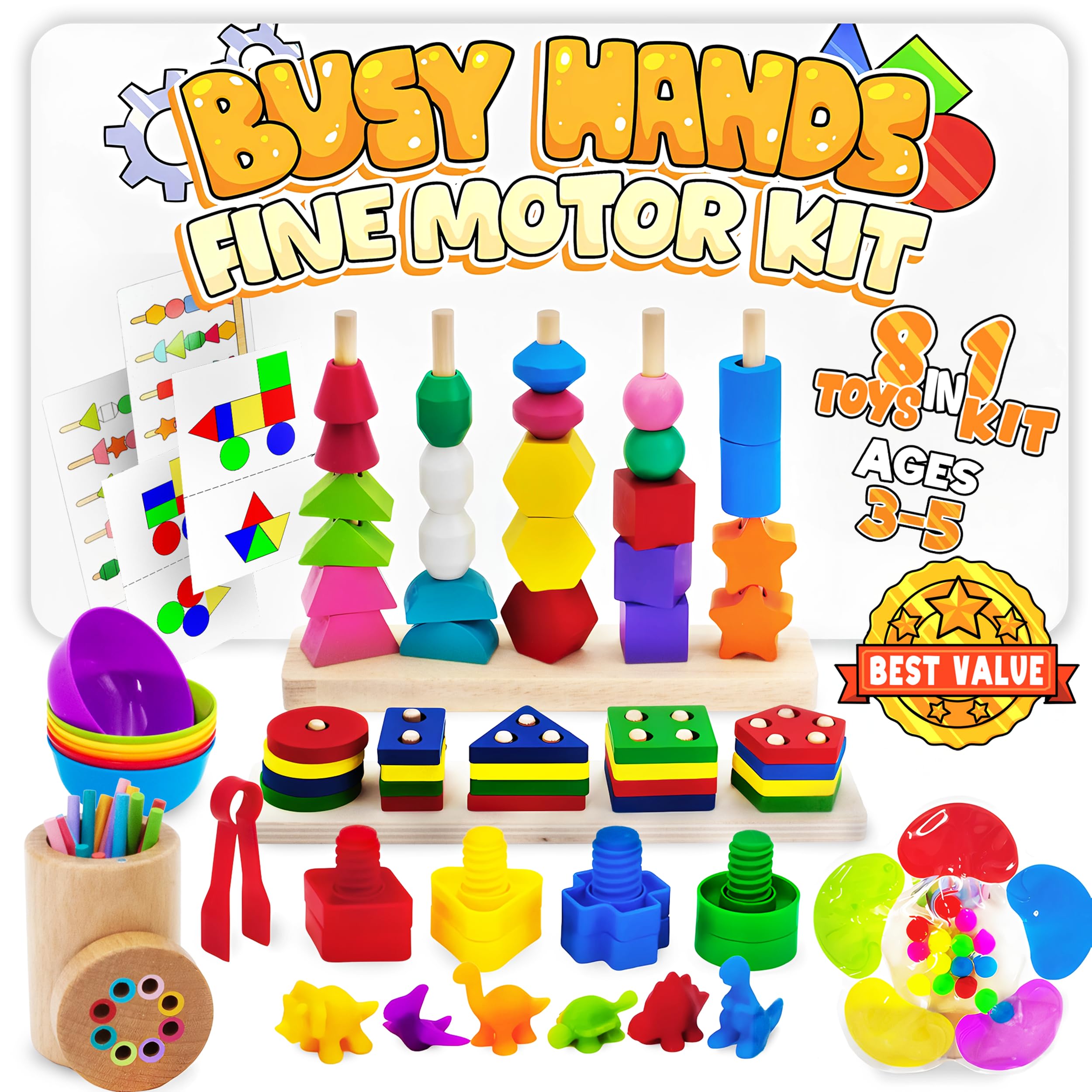 8-in-1 Busy Hands Fine Motor Skills Toys Kit for Toddler, Montessori Toys Set for 3+ Years Old, Learning & Education Toys, Color Shape Sorter, Stacking Toys, STEM, Wooden Toys