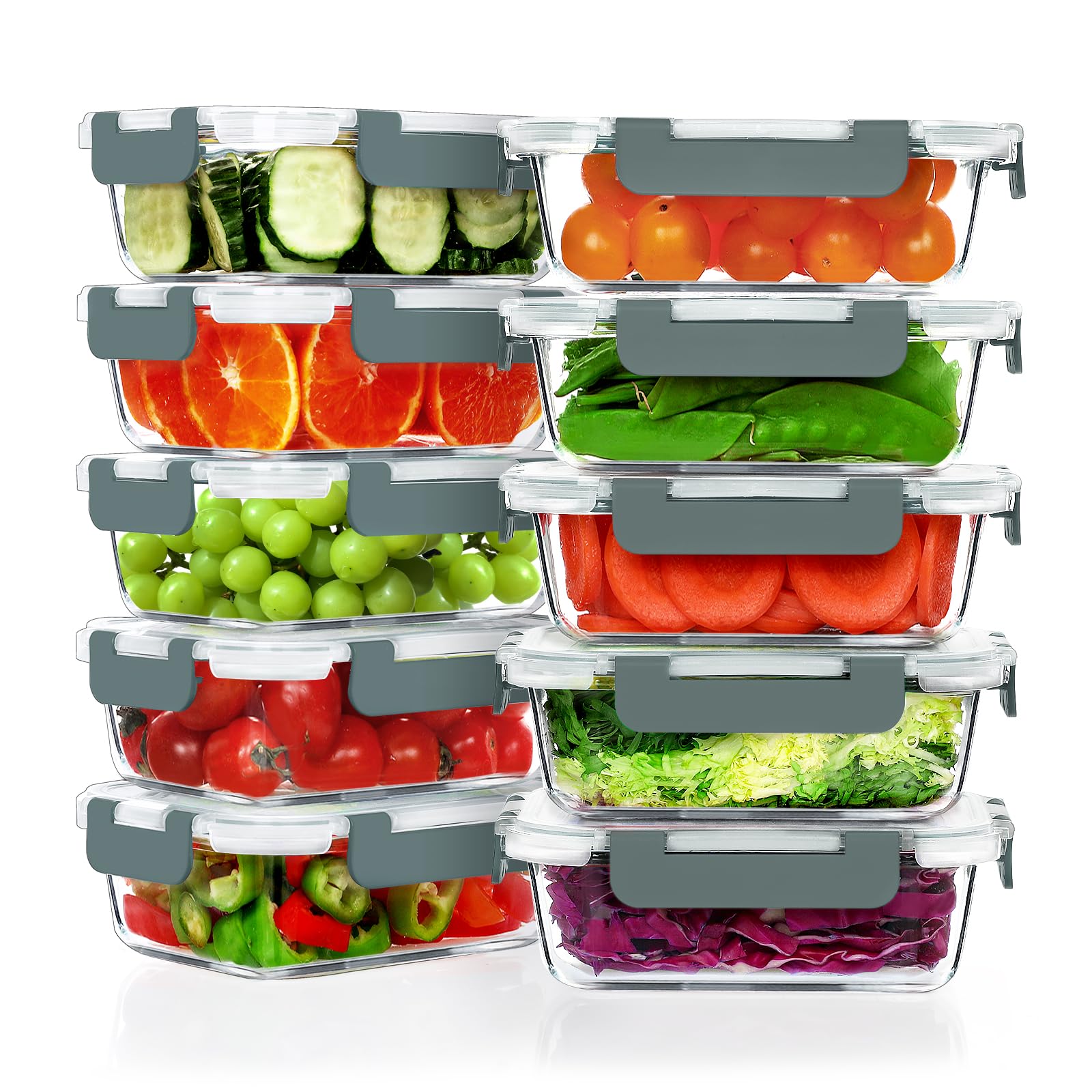 VERONES 10 Pack 22 OZ Glass Meal Prep Containers, Airtight Glass Lunch Containers Set, Glass Food Storage Containers with Lids,Exclusive of BPA, for Microwave, Oven, Freezer & Dishwasher Friendly,Grey