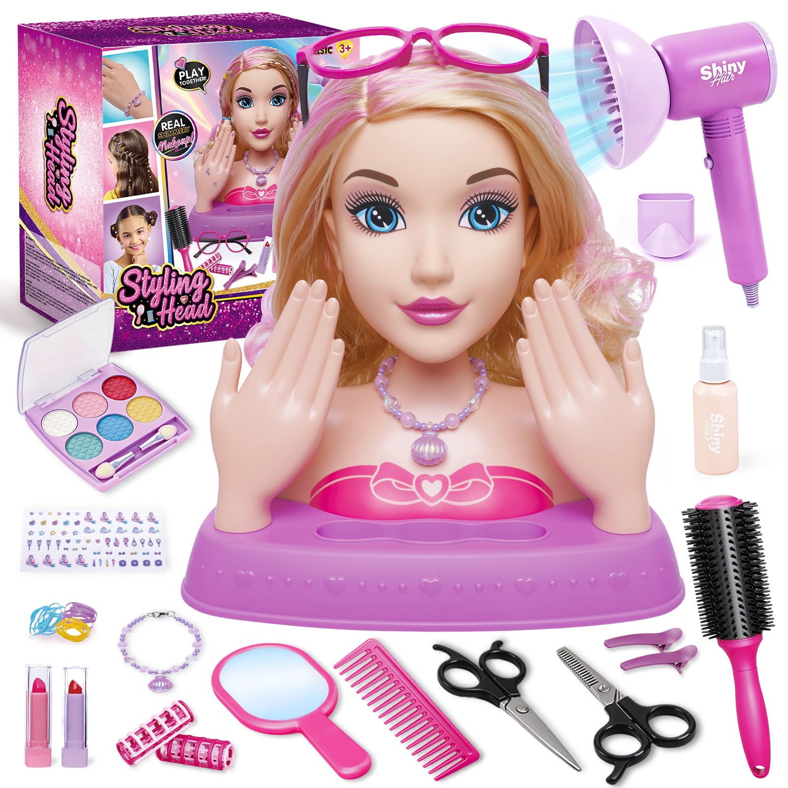 10.5" Hair Styling Doll Head for Girls – Kids Makeup & Hair Salon Playset with Washable Makeup, Toy Hair Dryer & 20+ Accessories, Pretend Beauty Styling Head, Birthday Gift for Girls Ages 3-10