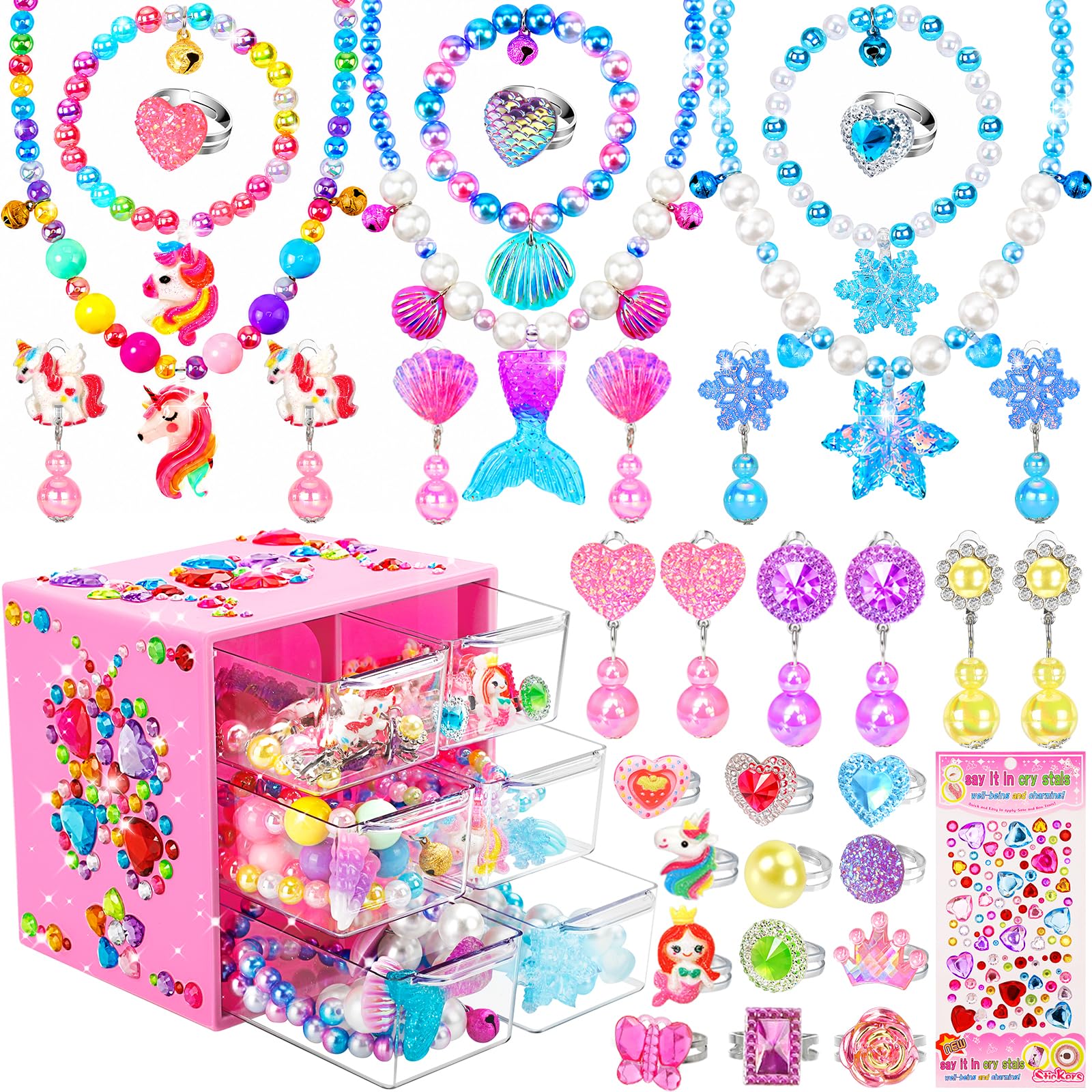 Jewelry Toys-for-Girls,Toddler Girl Toys Age 6-8,Kids Play Jewelry Princess Toy for 3 4 5 6 7 Year Old Girls Dress Up,Unicorn Mermaid Frozen Necklaces Rings Earrings for Christmas Birthday Gifts