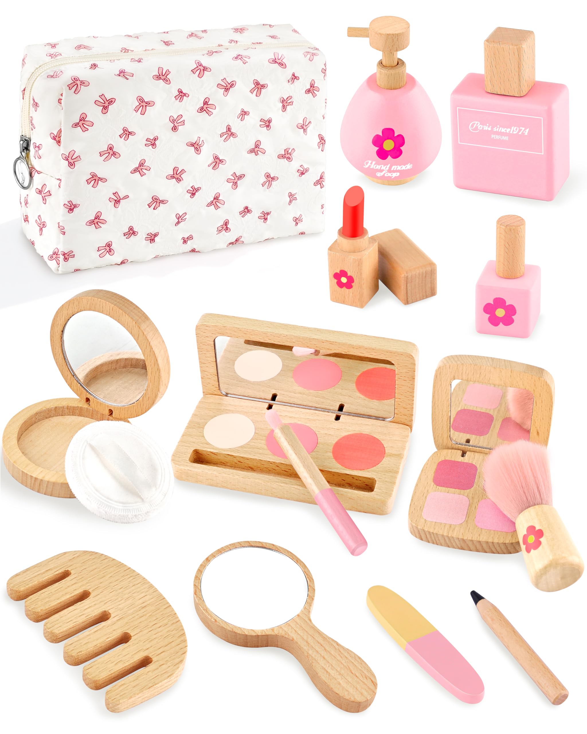 Wooden Pretend Makeup Kit for Girls Ages 3–5, Kids Pretend Play Cosmetic Set with Mirror, Lipstick, Nail Polish & Bag – Non Toxic Toy Makeup Set for Toddlers, for Toddler Girls