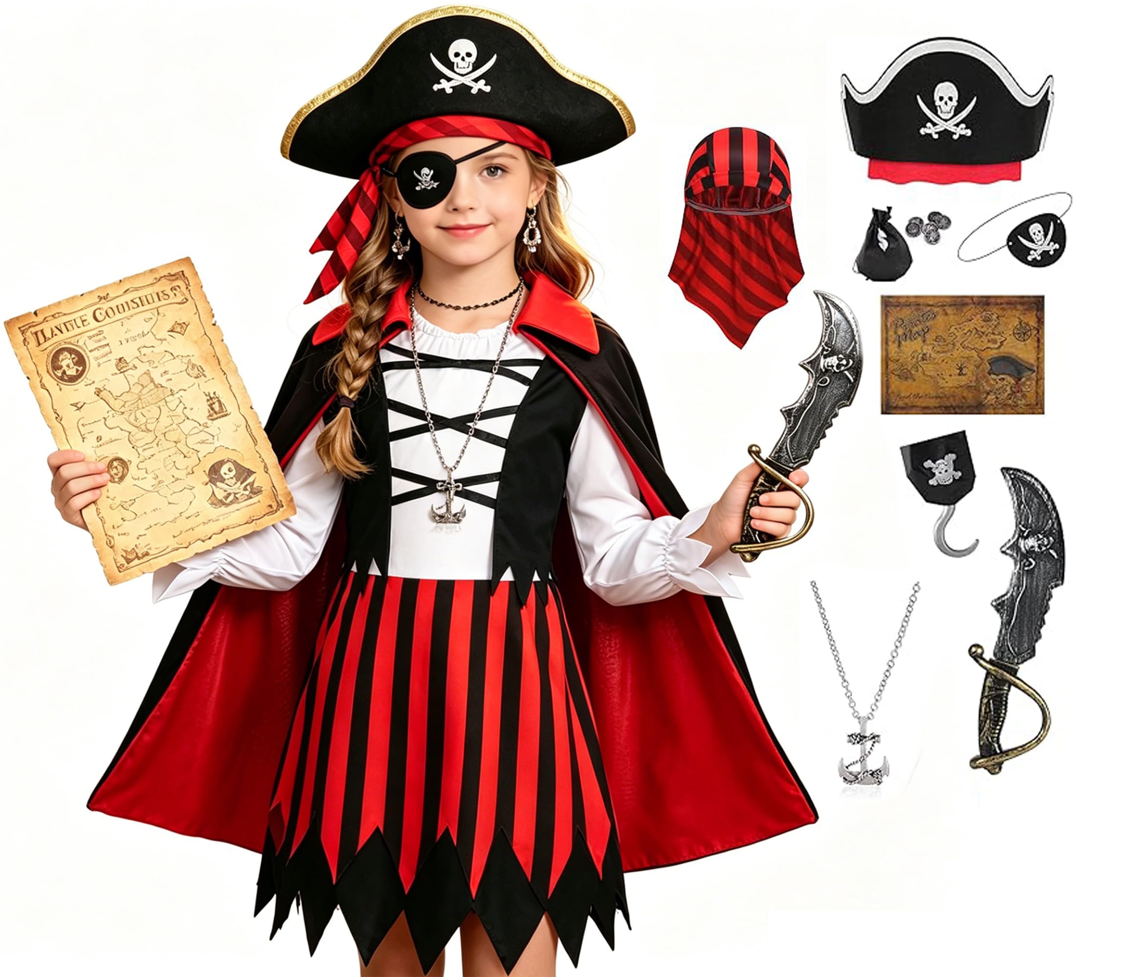 Avady Kids Pirate Costume with Detachable Cloak - 10 Pcs Halloween Dress Up Set for Boys and Girls