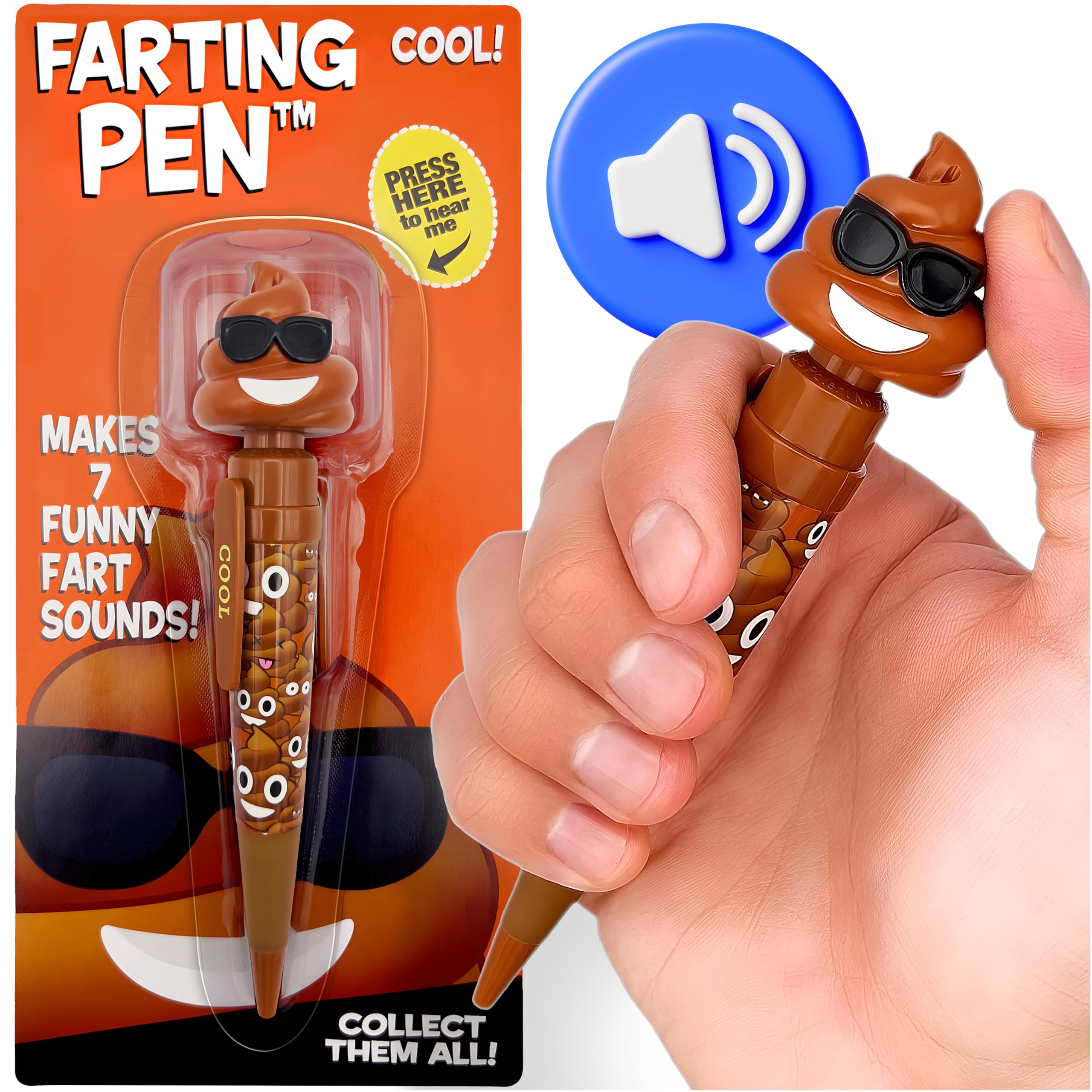 Farting Poop Pen with 7 Funny Fart Sounds - Silly Novelty Gag Gift for Boys & Girls Ages 8-12, Funny Gifts for Kids & Teens, Great Birthday Gift Ideas, Poop Pen That Actually Farts (Sunglasses)