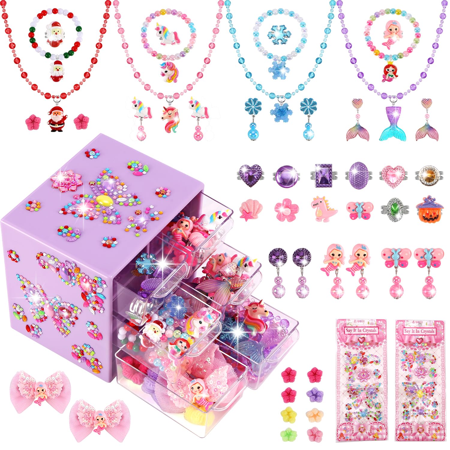 Toddler Girl Toys for Ages 5-7 Littler Girls Jewelry Set,51Pcs Kids Toy for Girls Age 8-10 Clip on Earrings,Princess Toys Adjustable Ring,Girl Toy Age 3 4 5 6-8 Year Old Birthday Christmas Gifts