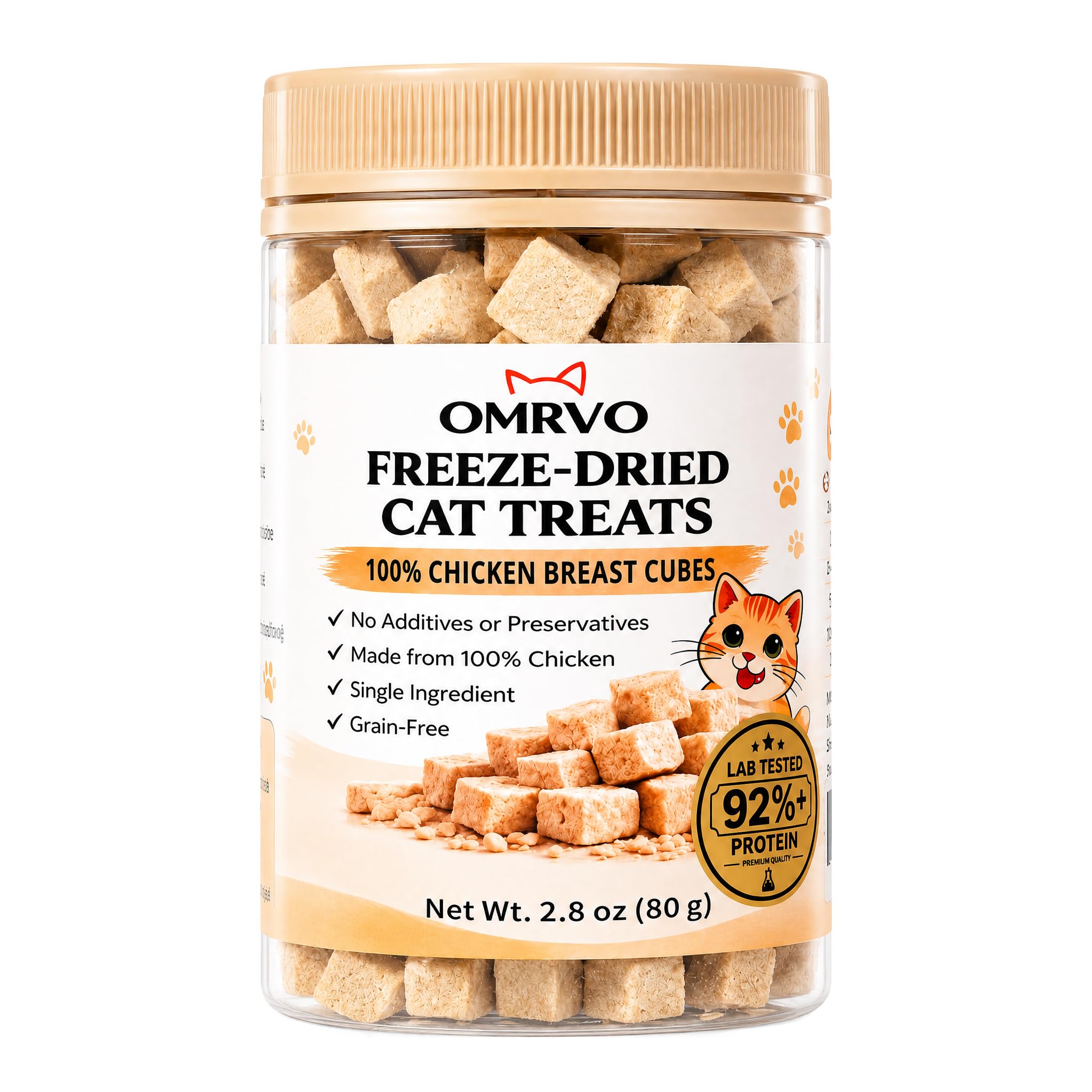 Freeze-Dried Cat Treats, 92%+ High Protein Chicken Breast Cubes, Single Ingredient Grain-Free Cat Snacks & Food Topper for Kittens & Adult Cats, 2.8 oz