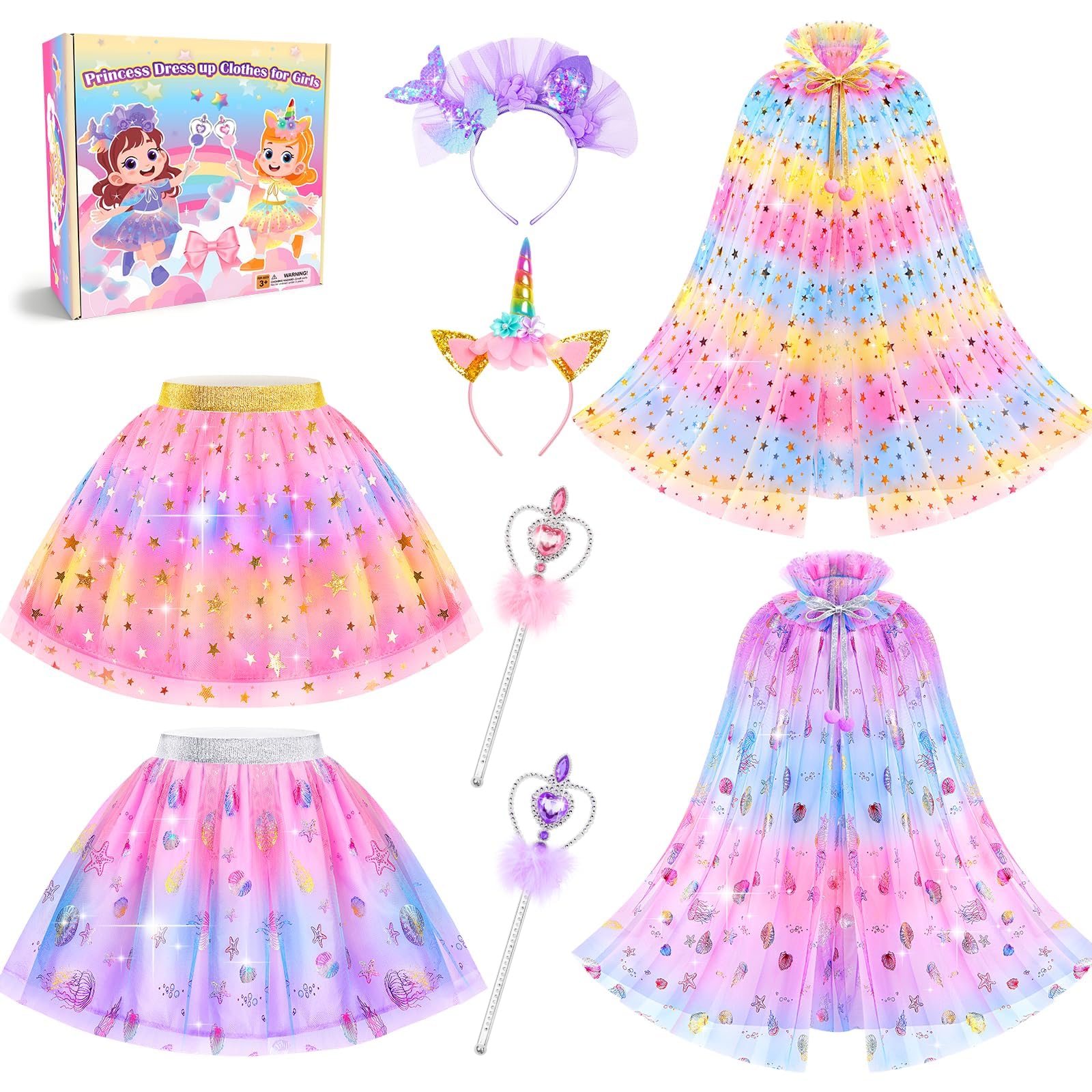 Teuevayl Princess Dress Up Clothes for Little Girls 3 4 5 6, Kids Princess Capes Tutu Skirts Crown Wand Princess Toys Gift for Toddler Girls 3 4 5 6