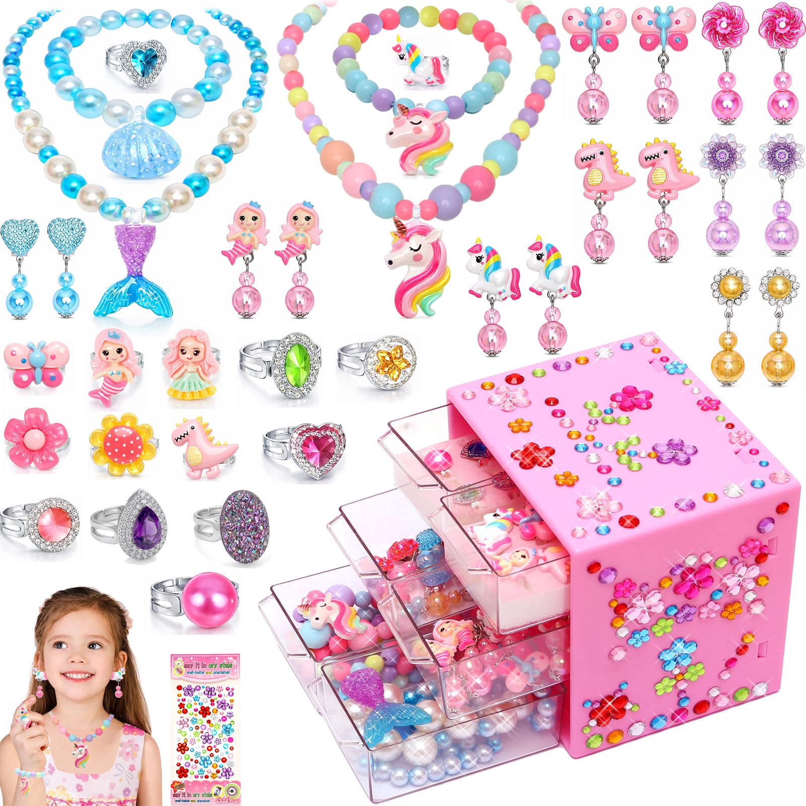 Toys for Girls Jewelry,37PCS Princess Toddler Girl Toys Age 6-8 for Pretend Play & Dress Up, Adjustable Ring Clip on Earrings Kids Toy for 3 4 5 6 7 8 9 Year Old Girls Christmas Birthday Gifts Ideas