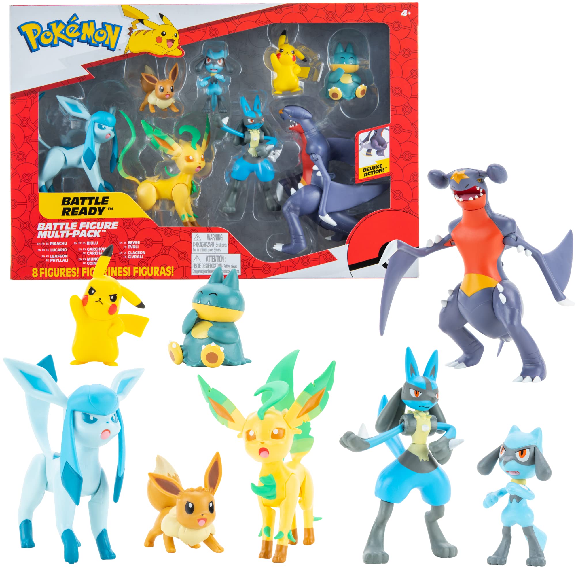 Pokemon Characters Set 8 Pack Pokemon Games Garchomp, Pikachu, Eevee, Lucario, Riolu, Munchlax, Glaceon & Leafeon - Figurine Toys