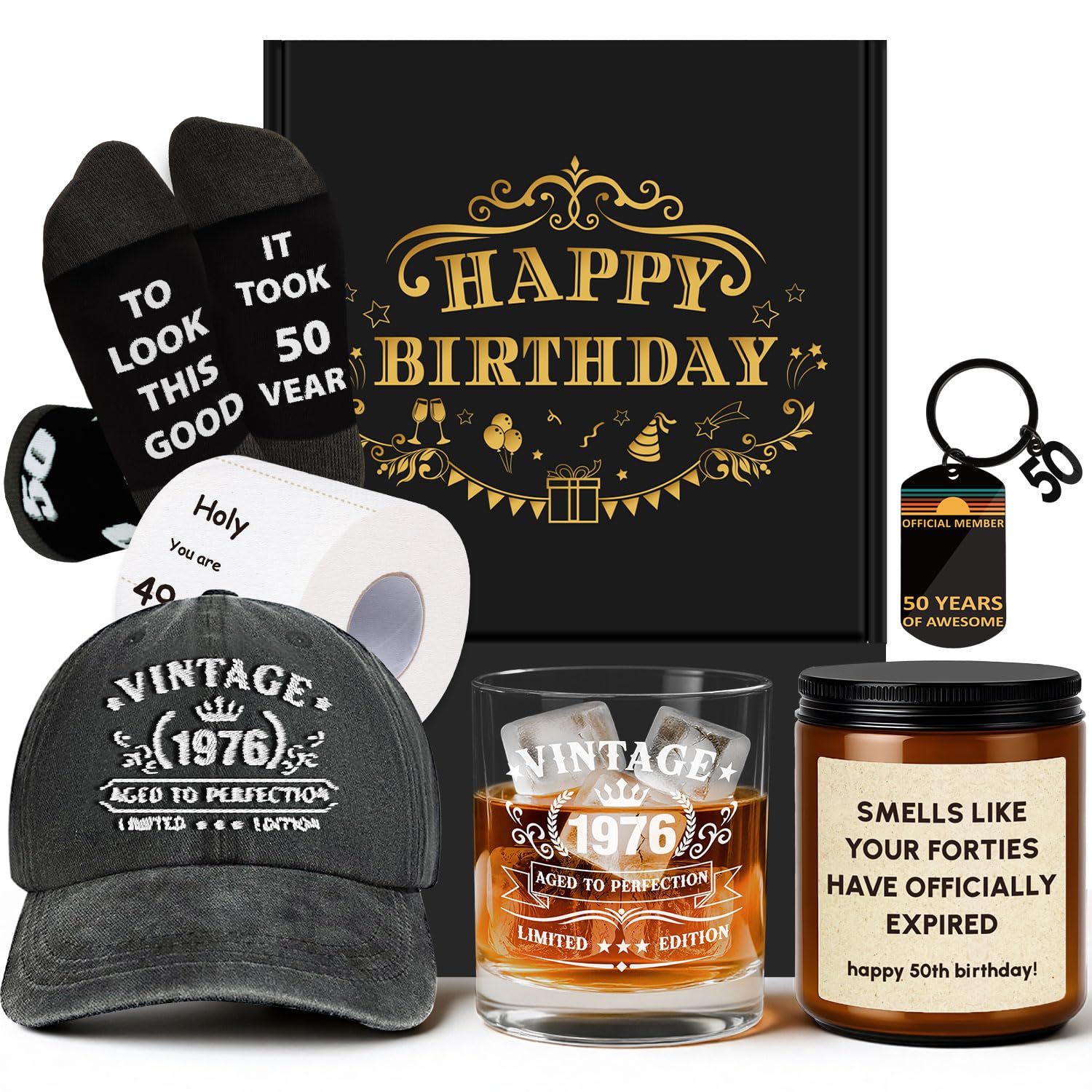 50th Birthday Gifts for Men, 50th Men’s Birthday Gifts for Men Who Have Everything Vintage 1976 Whiskey Glass Baseball Cap 50 Year Old Funny Personalized Birthday Gifts for Him Husband Boyfriend Dad