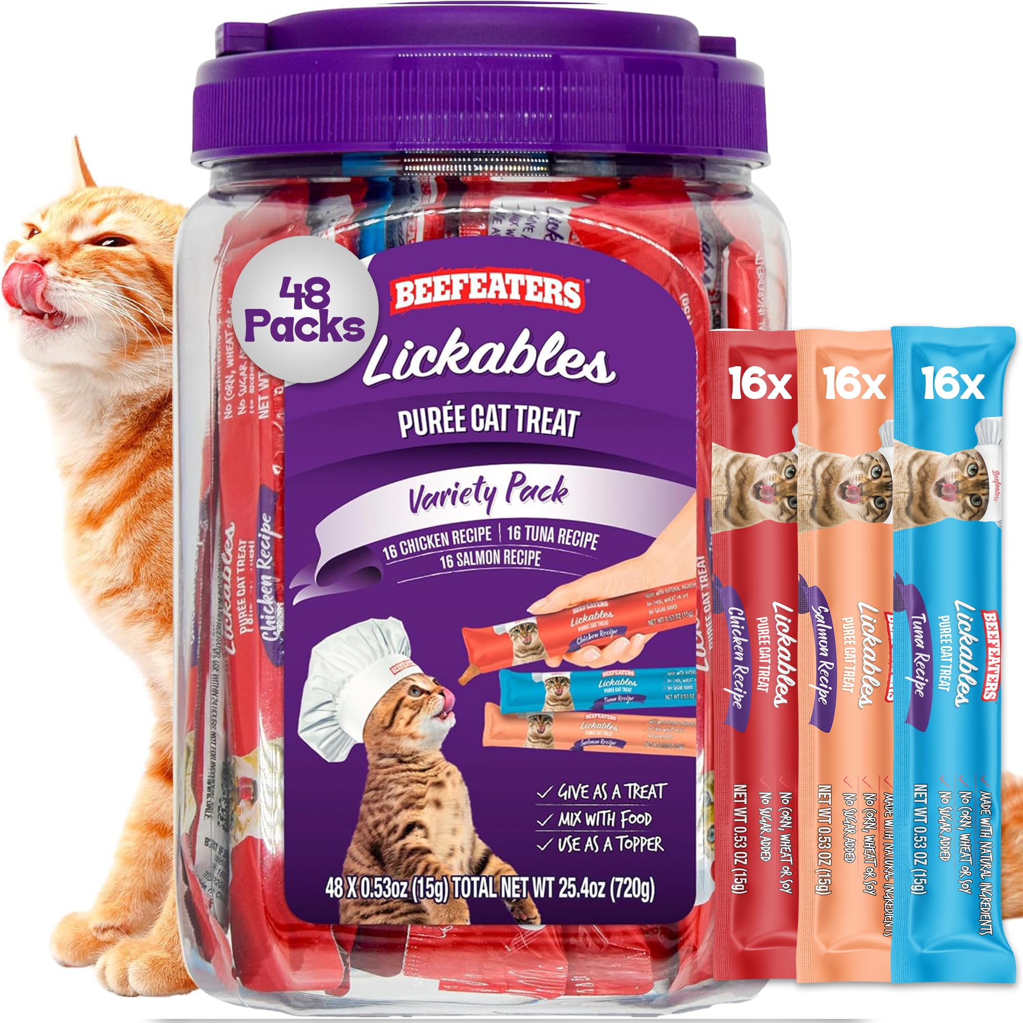 Beefeaters Lickable Cat Treats 48 Count – Puree Squeeze Up Tubes Variety Pack (Salmon, Tuna & Chicken) | Grain Free, Taurine Enriched, High Moisture for Picky Eaters | Cat Treat Topper or Snack