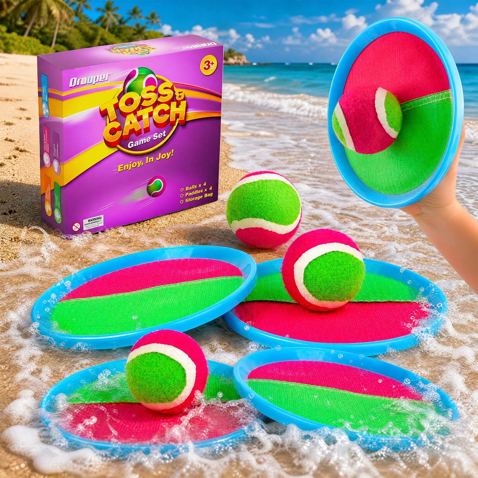 Toss and Catch Ball Game Outdoor Toys for Kids Ages 3-12 & Family, Outside Games for Beach Pool Yard Camping, Boys Birthday Gift, 4 Paddles 4 Sticky Balls & Storage Bag