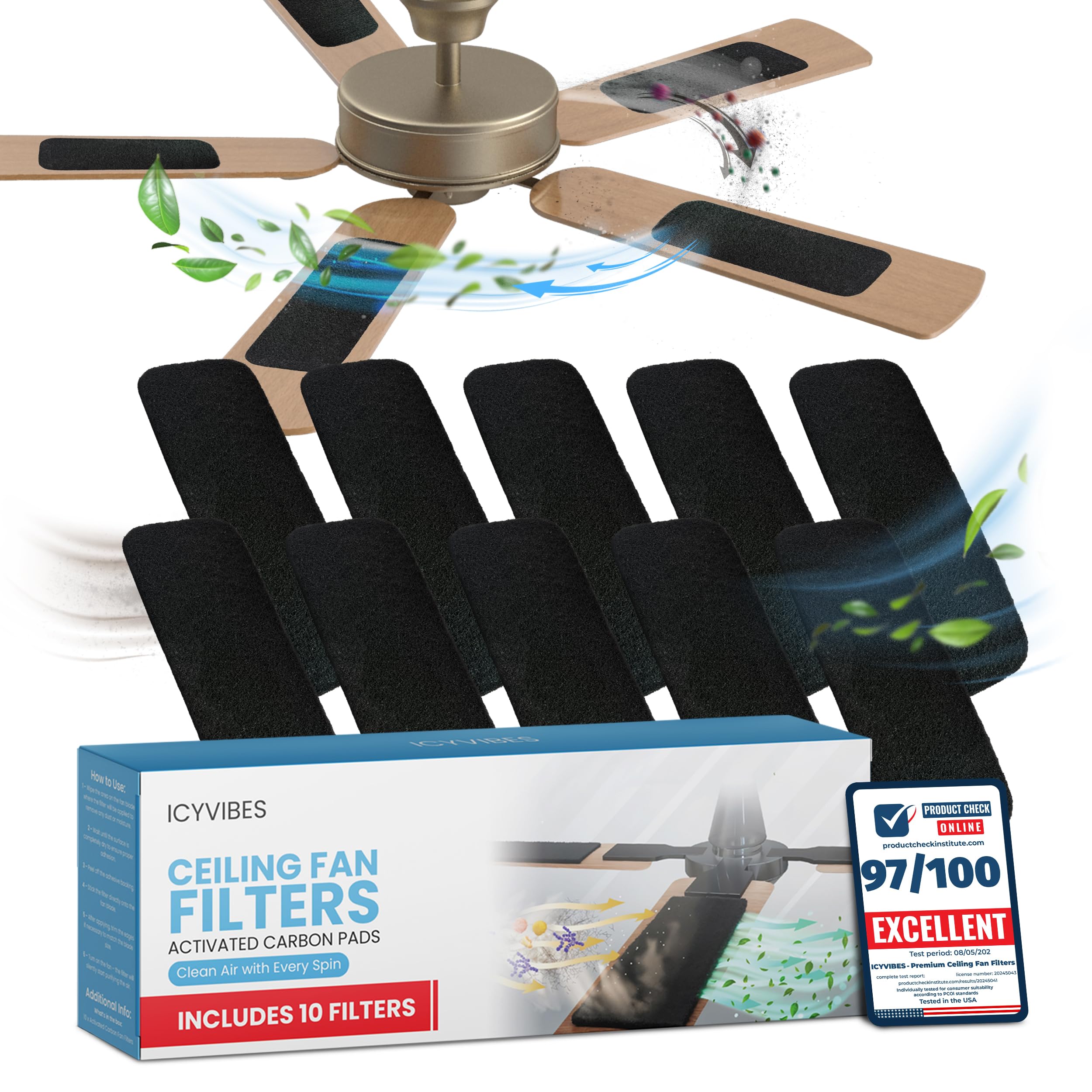 Premium Ceiling Fan Filters for Blades -10 PCS Activated Carbon Air Purifier Pads Unscented Washable Reusable Easy-Stick Coconut Shell Odorless Charcoal Dust Catcher Covers for Home Lighting Extractor