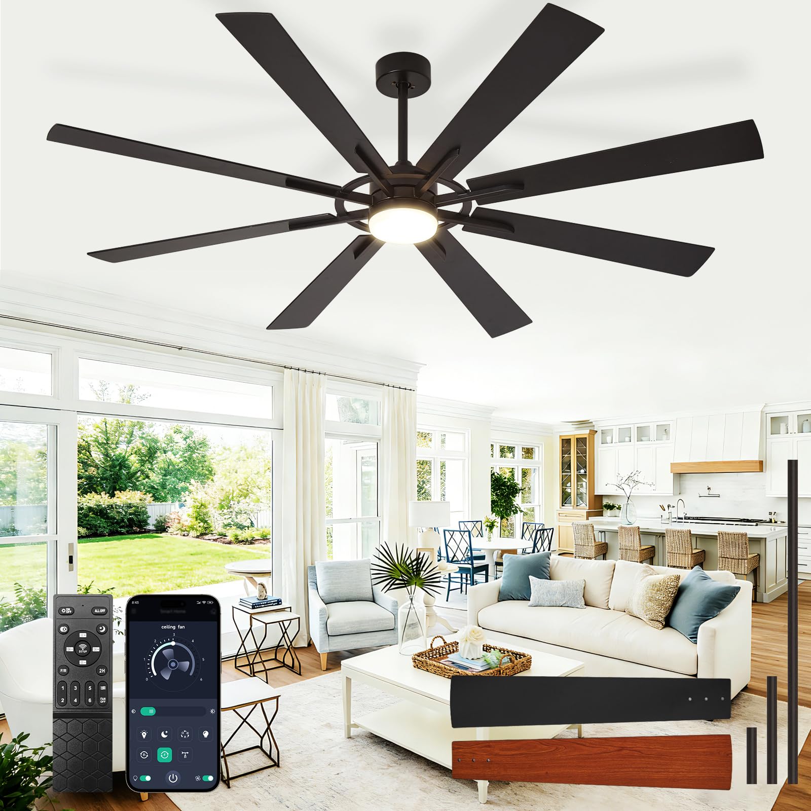 Large Ceiling Fans with Lights: Modern 72 Inch 8 Blade Outdoor Ceiling Fan with Remote APP Control - Dimmable Black Big Fan Light Indoor Reversible 6 Speed Quiet DC Motor