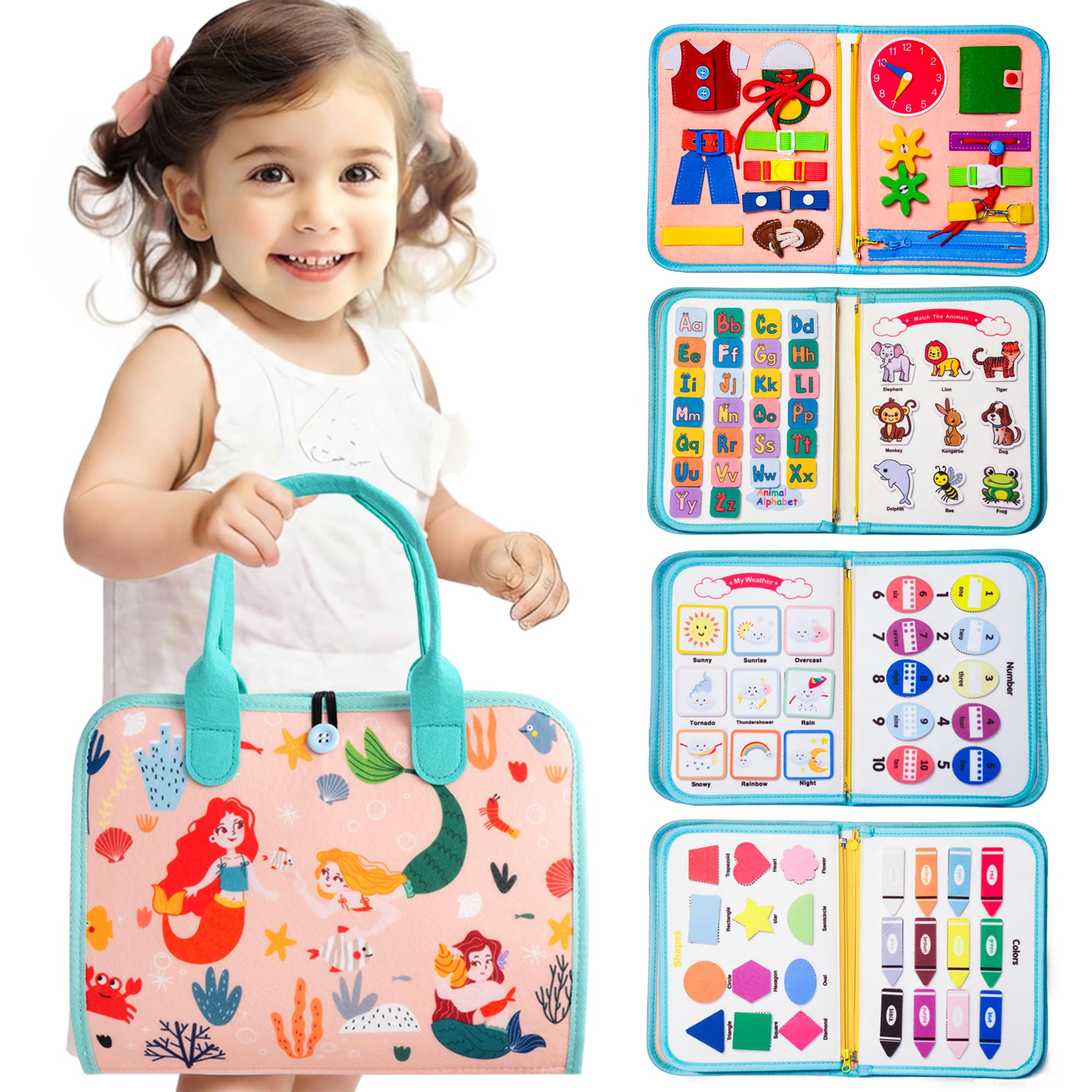 Teefrye Toddler Busy Board Montessori Toys for Toddlers 1-3 Year Old Educational Activity Book Board Sensory Travel Toys Ages 2-4 Preschool Learning Fine Motor Skills Toy Quiet Book Gift for Kids