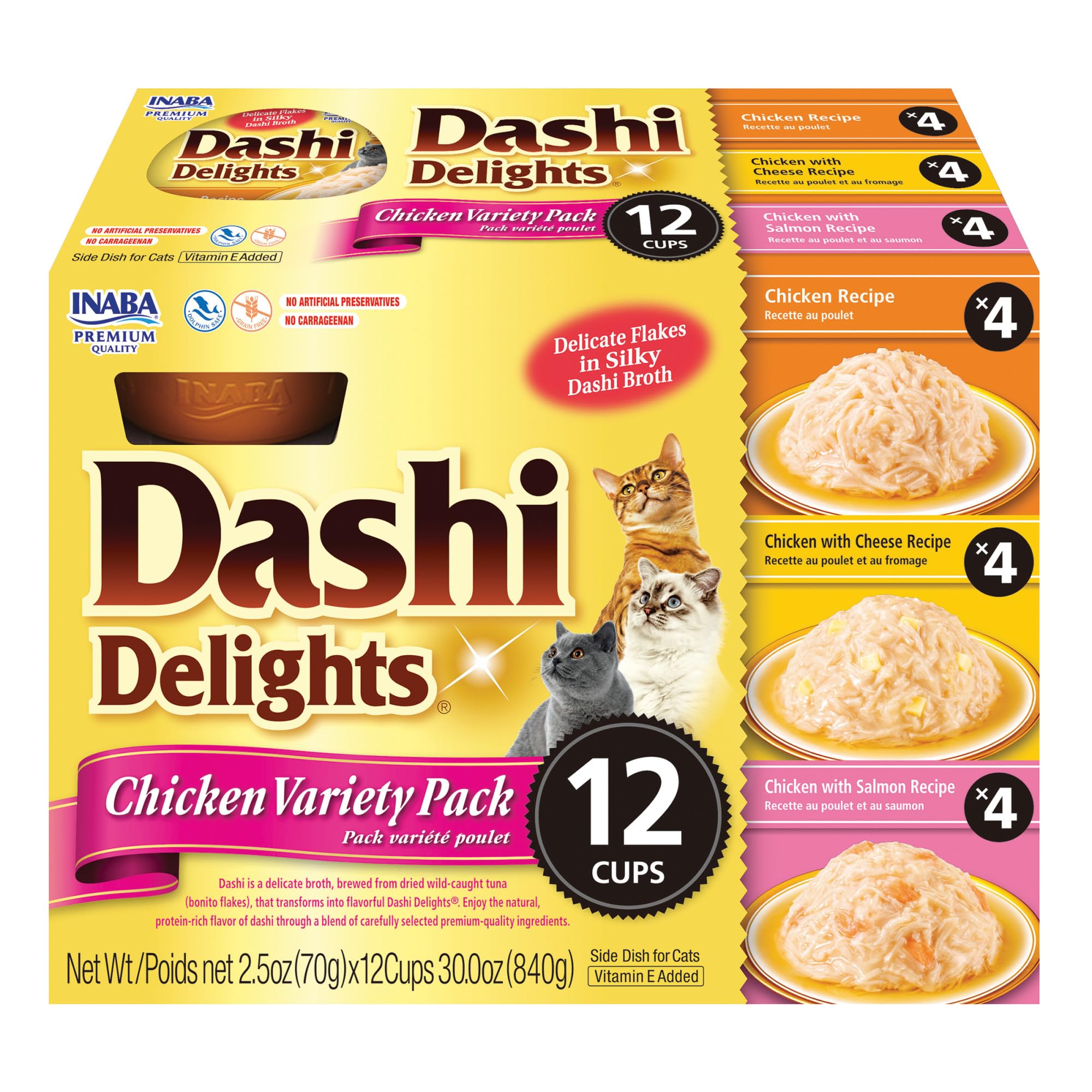 INABA Dashi Delights for Cats, Shredded Chicken Side Dish with Bonito Flake Broth, Cat Food Complement with Taurine & Green Tea Extract, 2.5 Ounce Cup, 12 Cups Total, Chicken Variety