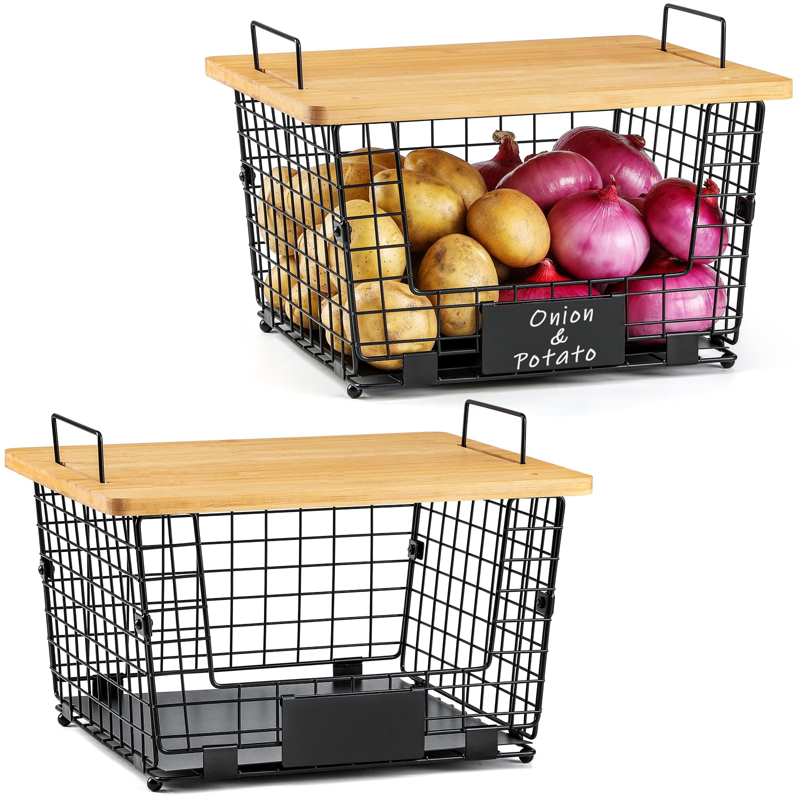 2 Set XXL Stackable Wire Basket with Bamboo Tops & Tag- Pantry Organizer and Storage Bins, Kitchen Counter Cabinet Shelf Countertop Under Sink Organizing, Food Snack Produce Onion Potato Bread Storage