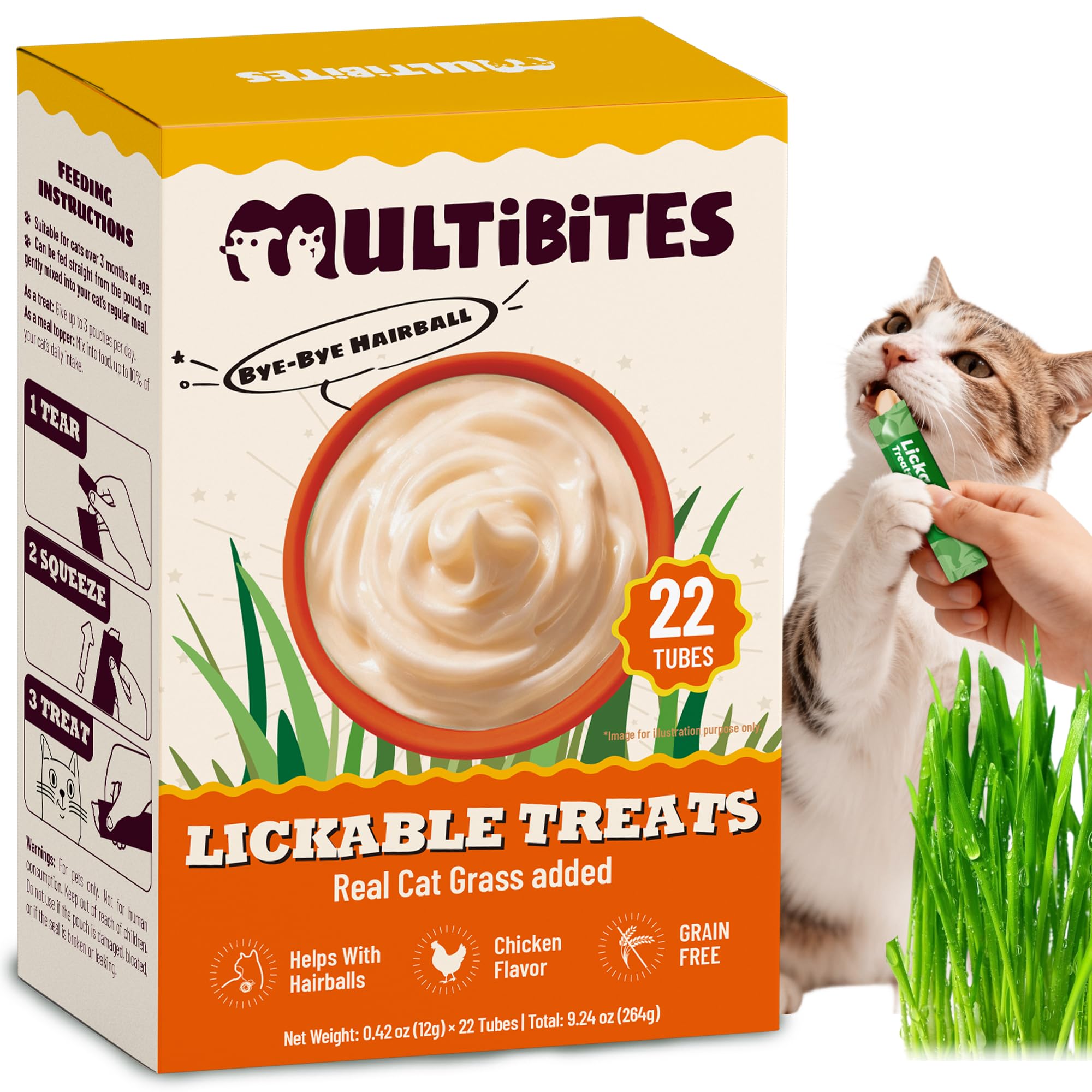 22 Tubes Lickable Cat Treats - Creamy Squeezable Cat Grass Treats with Taurine for Cats & Vitamins - Hairball Treatment & Digestive Support