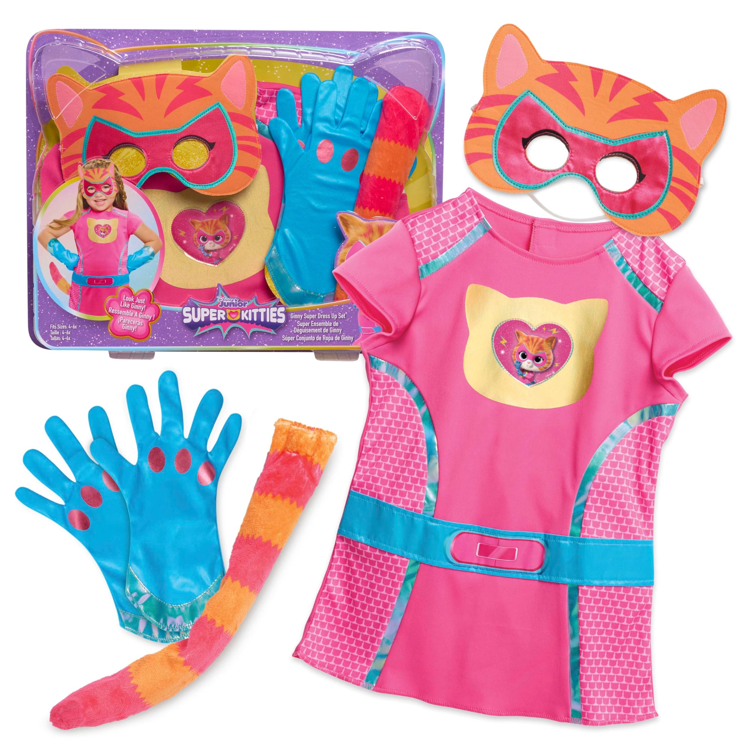 Disney Junior SuperKitties Ginny Dress Up Costume Set, 5-Piece Superhero Role Play Outfit with Mask, Gloves & Tail, Size 4–6X, Kids Ages 3 and Up by Just Play, Kids Toys for Ages 3 Up by Just Play
