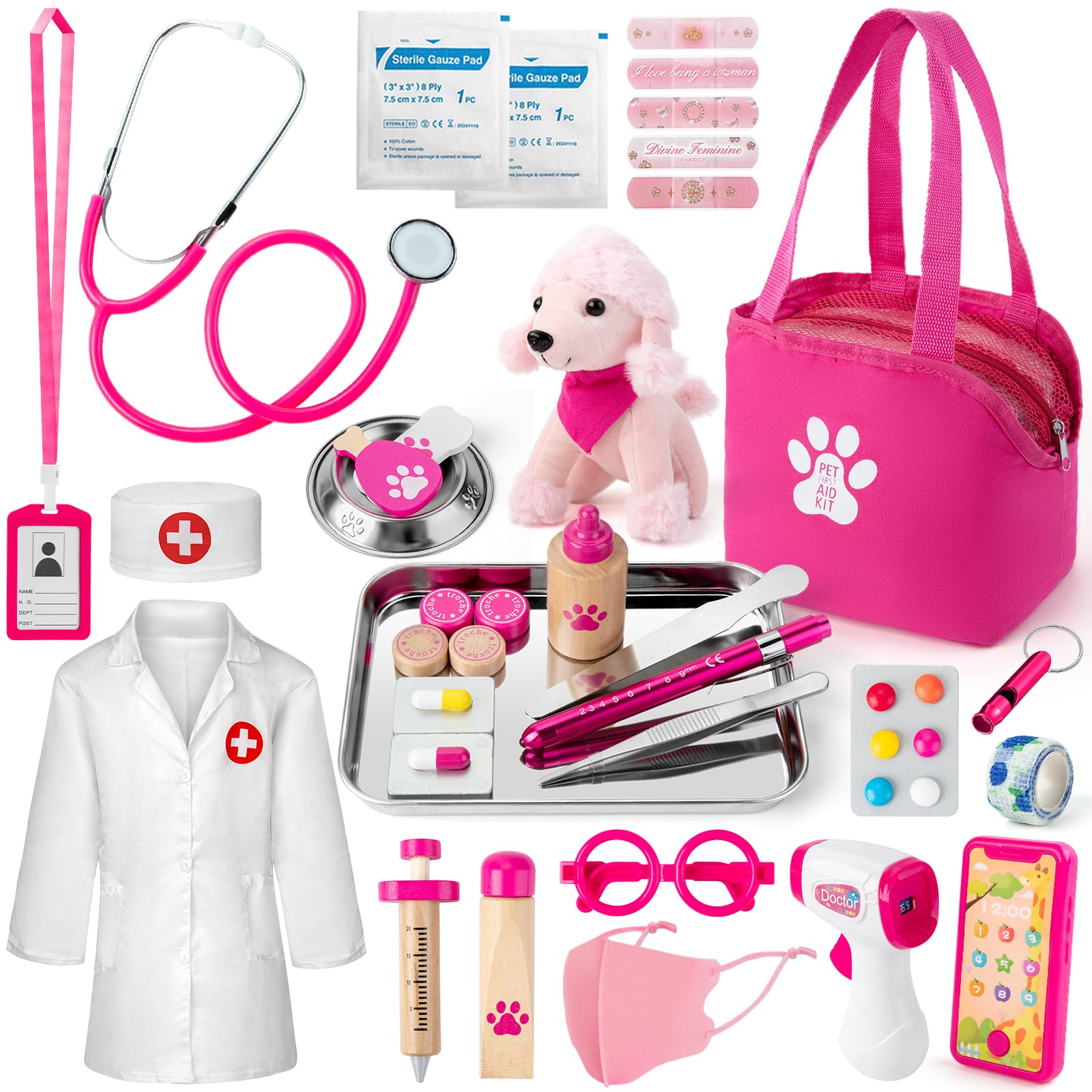 Doctor Kit for Girls, 36 Pcs Veterinarian Playset for Kids, Doctor Kit for Toddlers 3-5 with Dog Toy & Real Stethoscope, Kids Vet Kit Pretend Play Doctor Toys, Doctor Play for Boys Girls