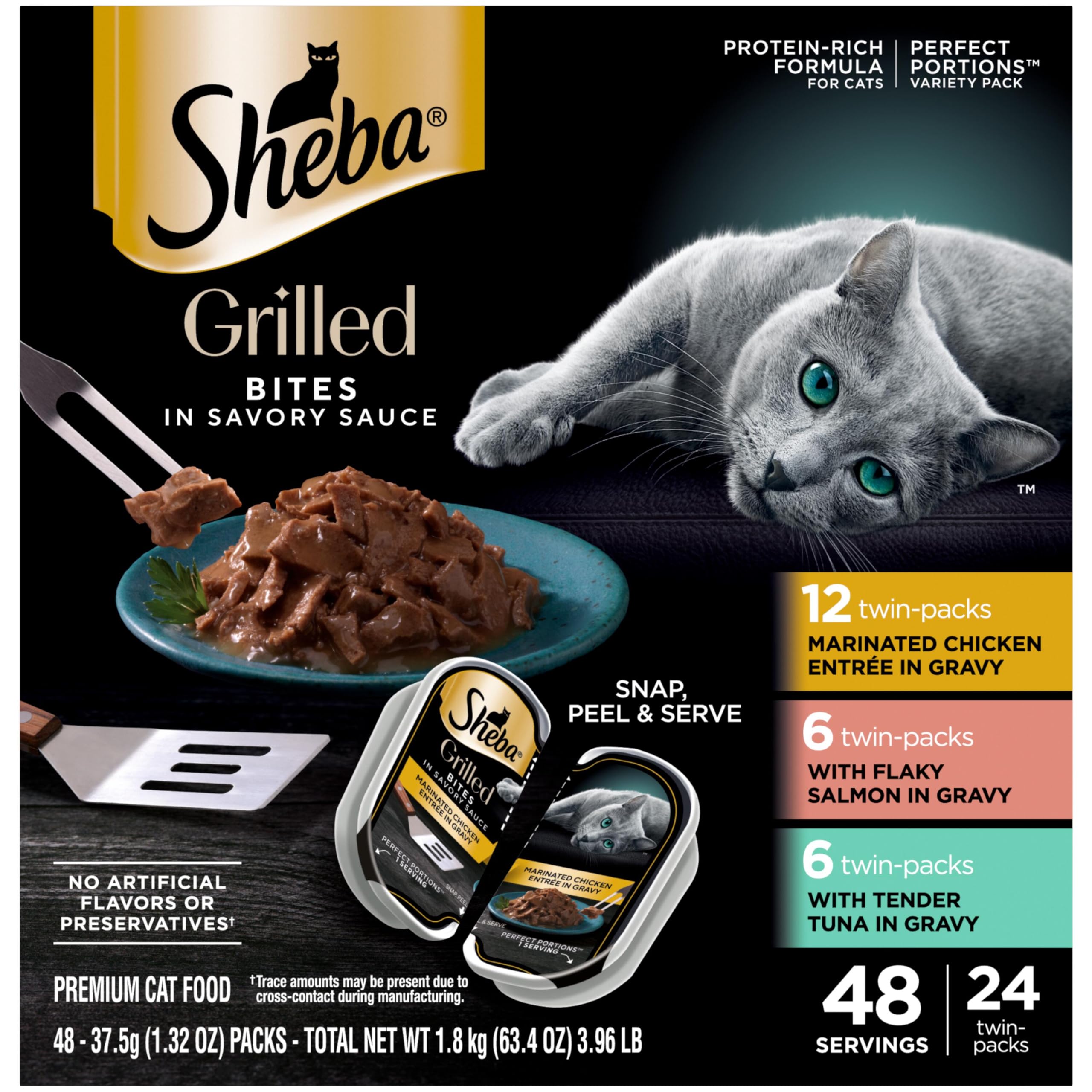 Sheba Perfect Portions Grilled in Savory Sauce Adult Wet Cat Food Marinated Chicken, Flaky Salmon, Tender Tuna, 2.64 oz. Twin-Pack Trays, 24 Count, 48 Servings