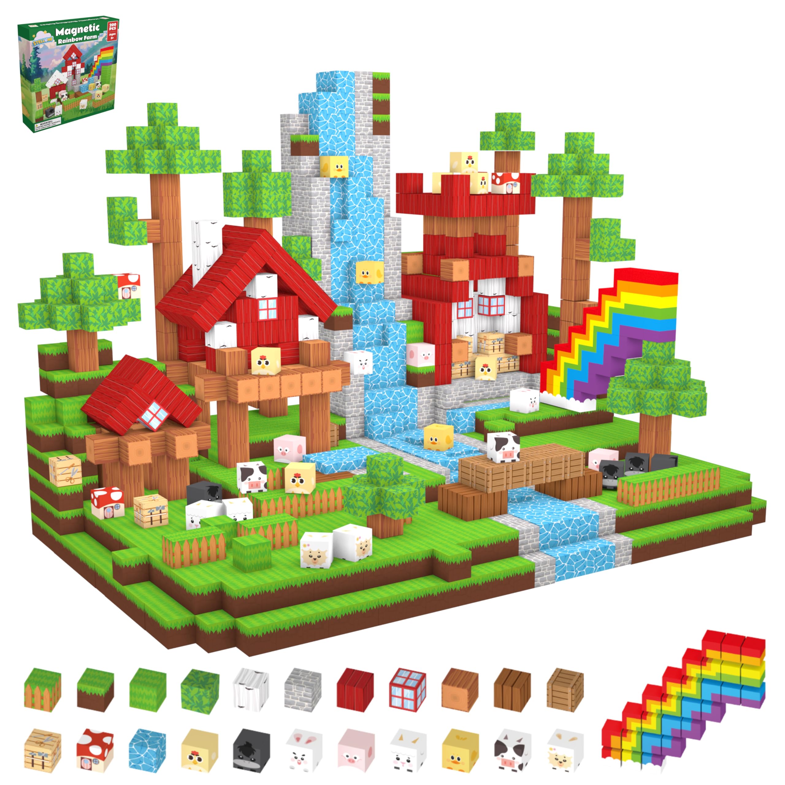 200PCS Magnetic Blocks with 3 Light Up Pieces, Rainbow Farm Pals Magnetic Building Cubes, STEM Educational Toys for Kids Ages 3+, Ideal Gift for Boys Girls