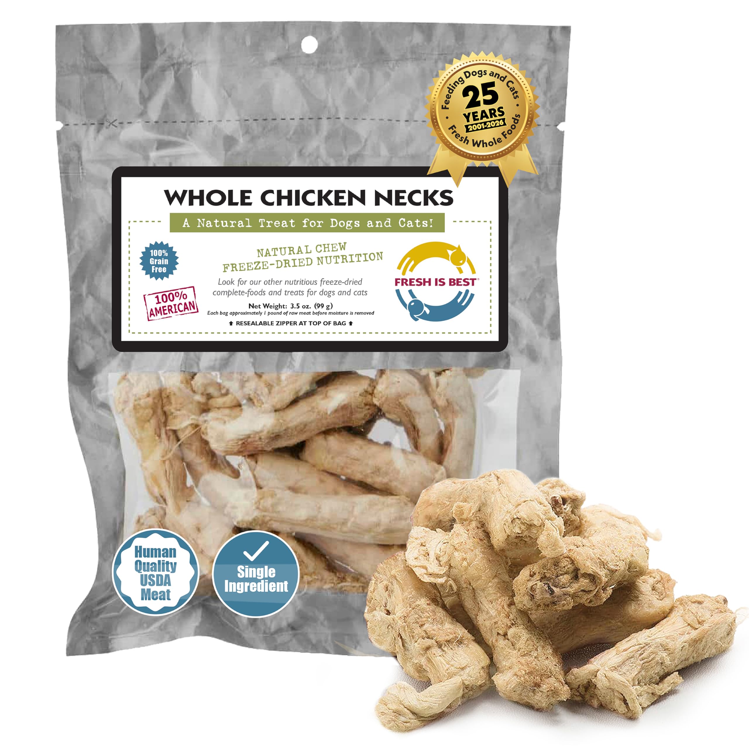 Fresh Is Best Freeze Dried Whole Chicken Necks for Dogs & Cats - Raw Crunchy Single Ingredient Dog Treats - High-Protein Dental Chews in Resealable Bag - Made in USA