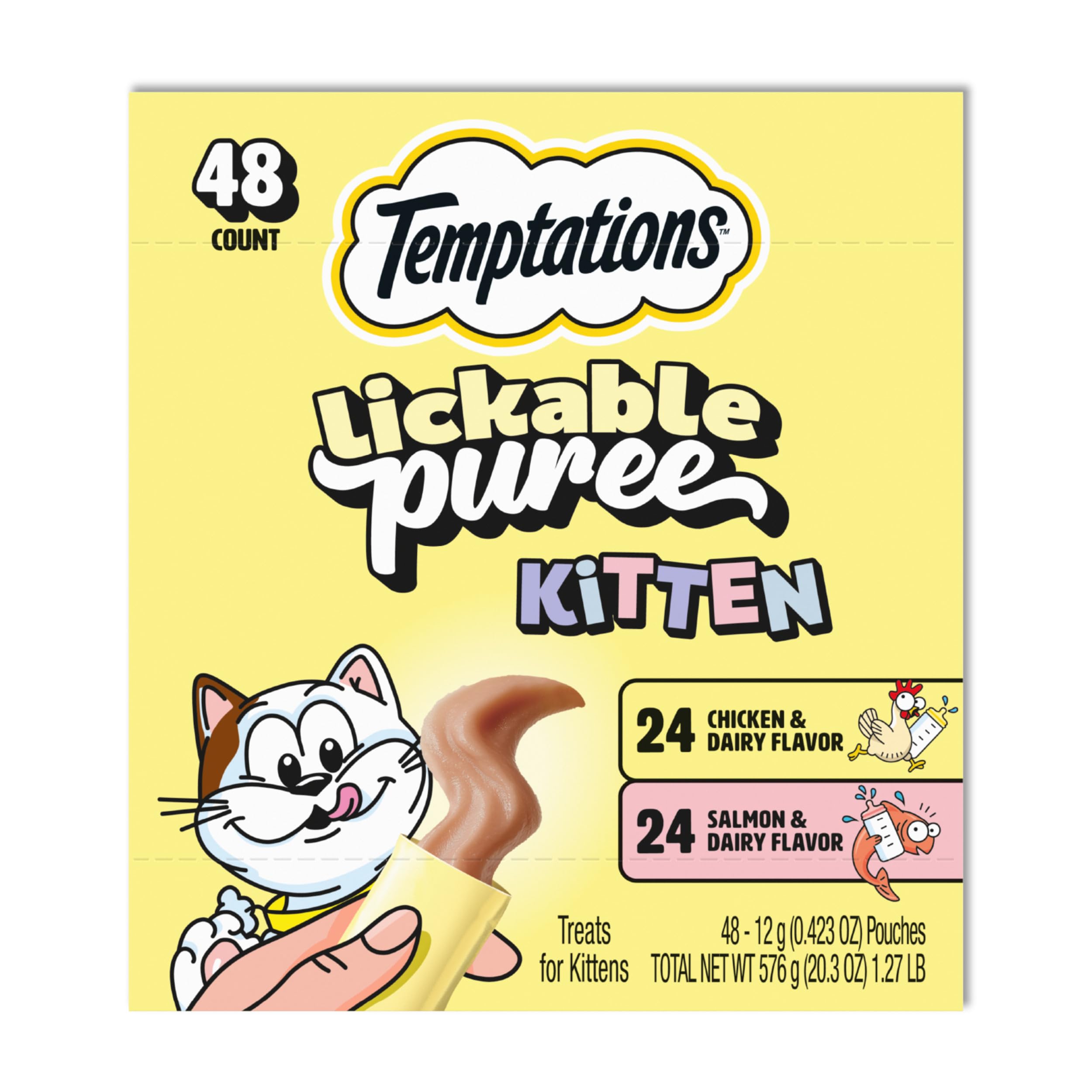 Temptations Puree Kitten Treats Lickable, Chicken and Salmon Variety Pack, 48 Pouches