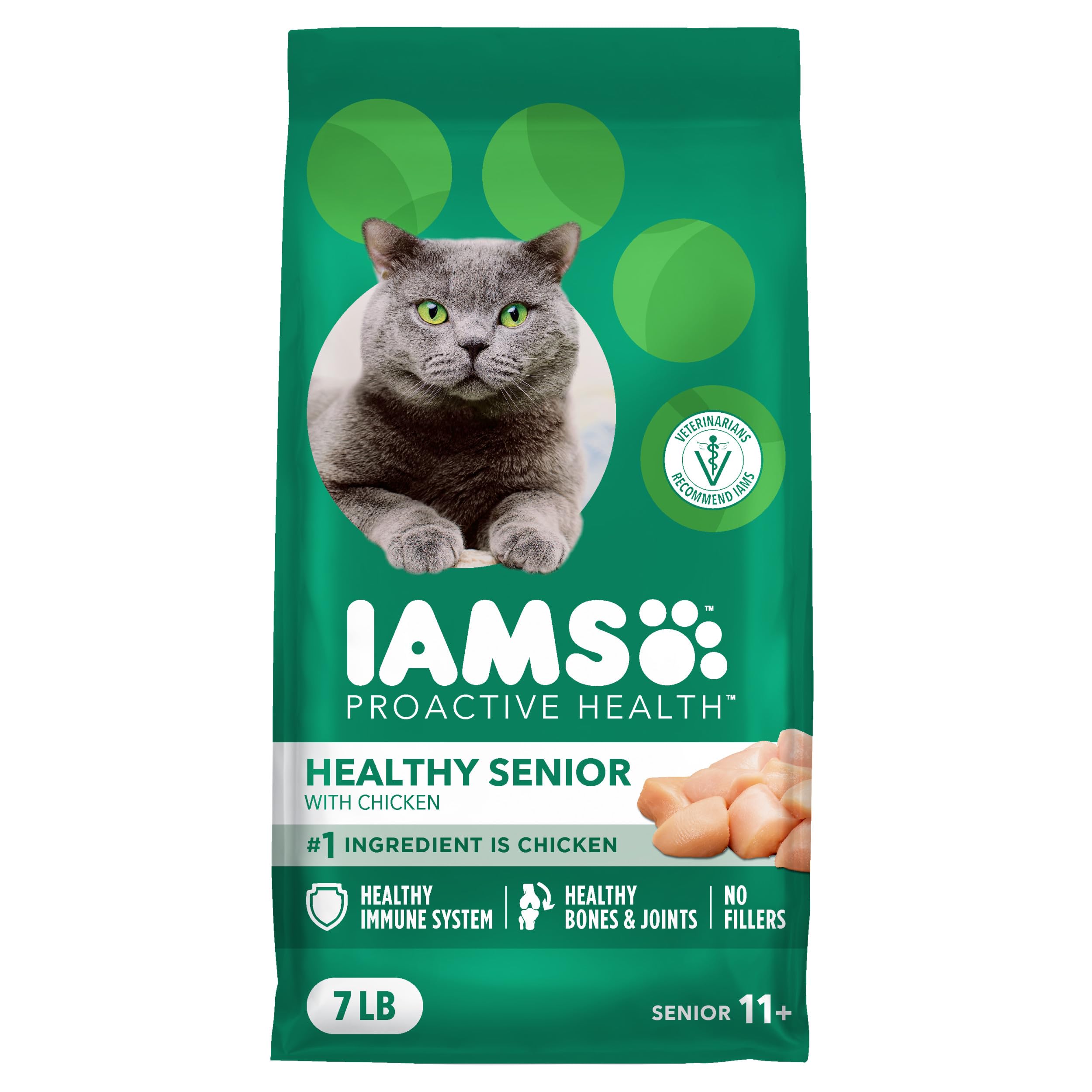 IAMS Proactive Health Senior Dry Cat Food, Cat Food Dry Chicken Recipe, Real Chicken in Every Bite, 7 lb. Bag