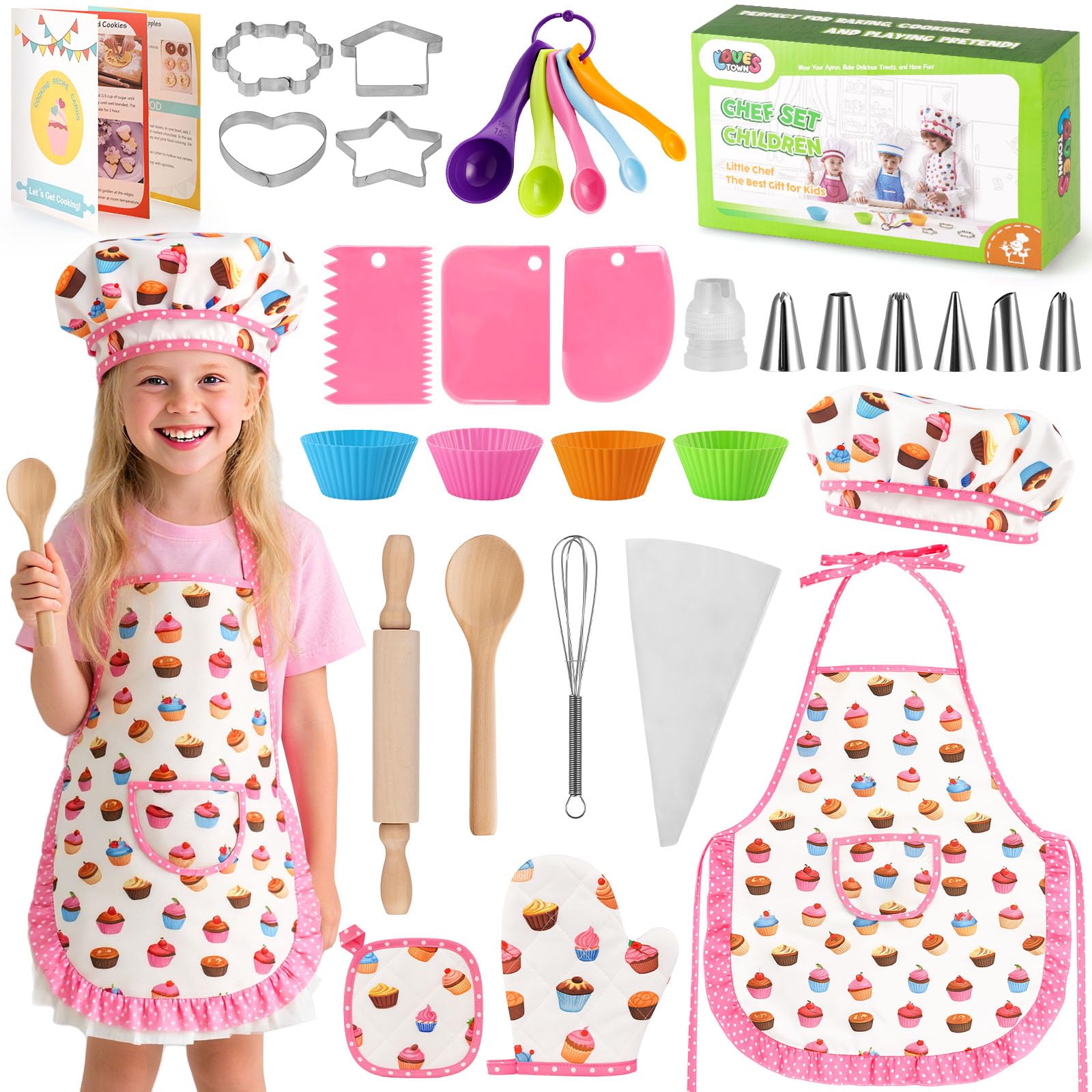 LovesTown Kids Cooking and Baking Sets, 32PCS Kids Chef Hat and Apron Pretend Play Toys for Toddler Gifts for Boys Girls