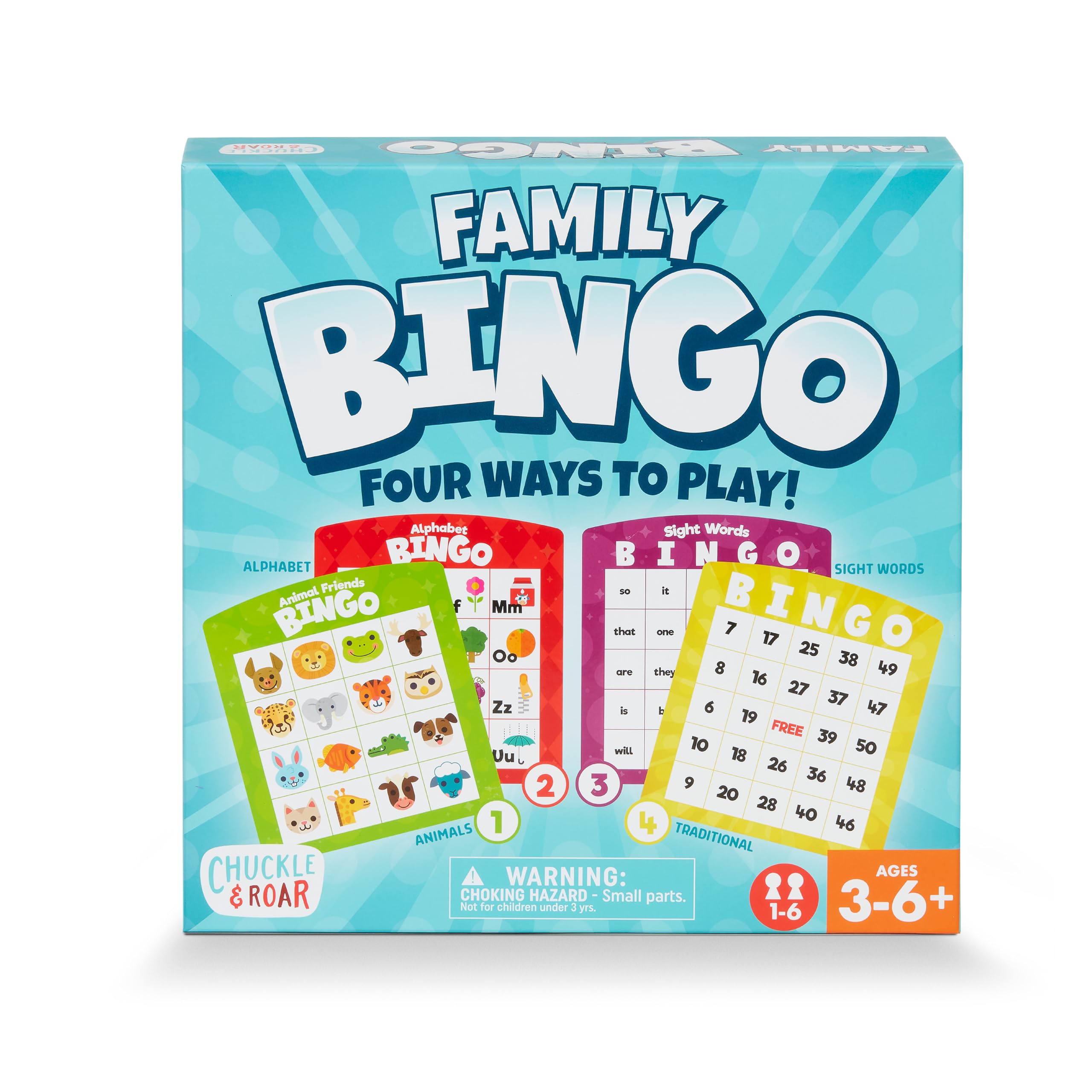 Chuckle & Roar Family Bingo – Educational Bingo Game for Kids Ages 3–6+ | Four Games in One: Animals, Alphabet, Sight Words & Numbers | 1–6 Players