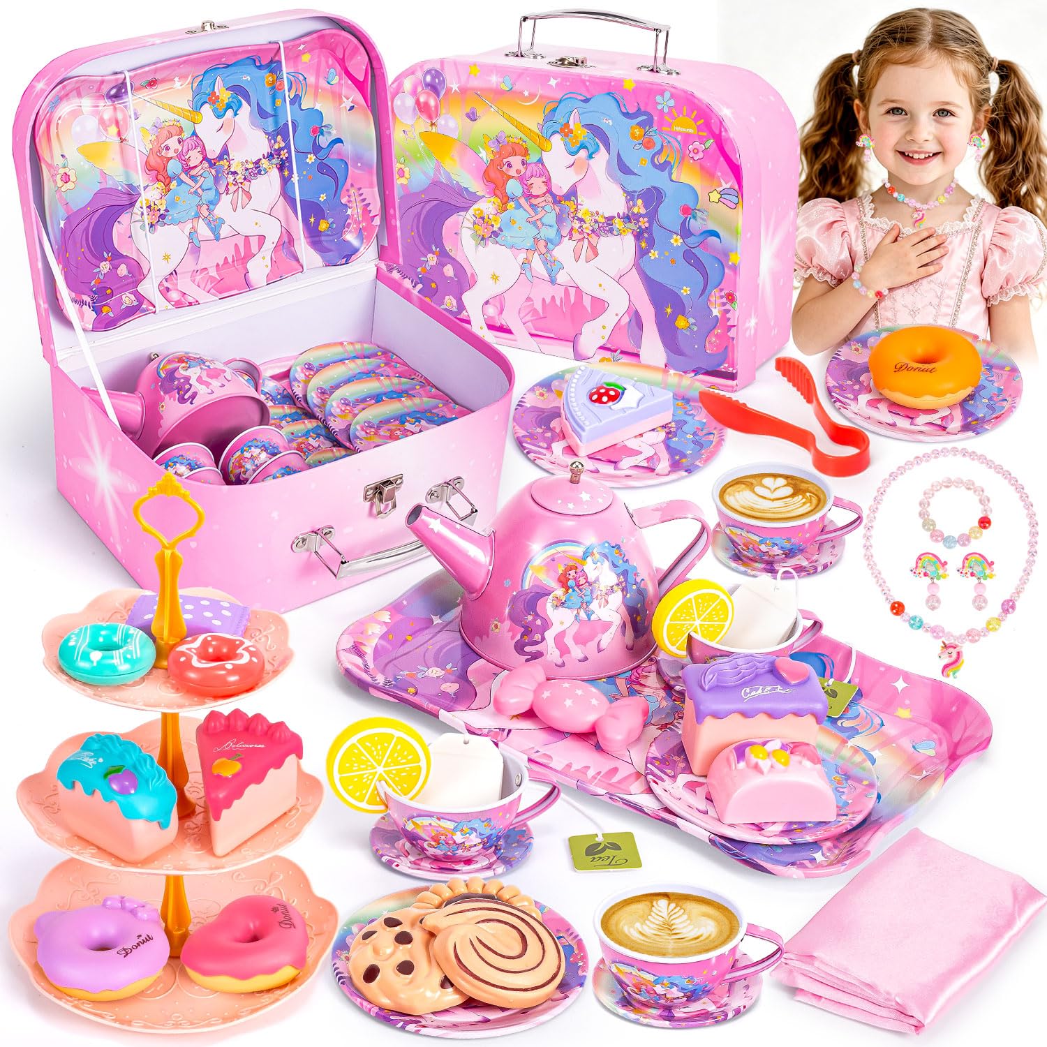 Hohosunlar Unicorn Tea Party Set for Little Girls, Toddler Princess Toy Tea Set, Pretend Play Teapot Dessert Tea Cup Set Food Kitchen Playset, Birthday Unicorn Gift for 3 4 5 6 7 8 Year Old Girl