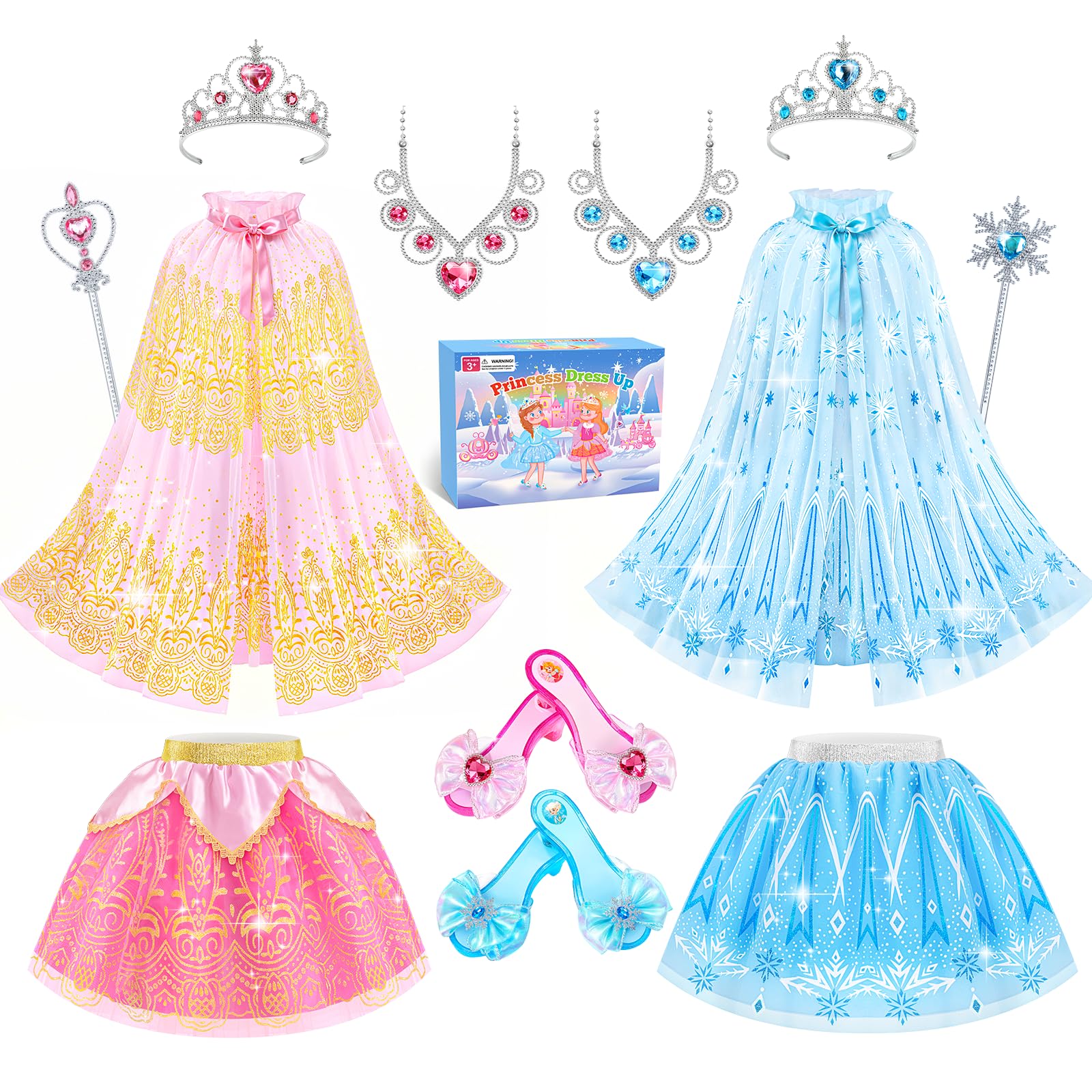 DUDUCOFU Princess Dress Up Clothes for Little Girls Toddlers, Princess Dress Up Shoes Set with Princess Cape Tutu Shoes Crown Wand, Princess Toys Gift for Girls Kids Aged 3 4 5 6 Years Old
