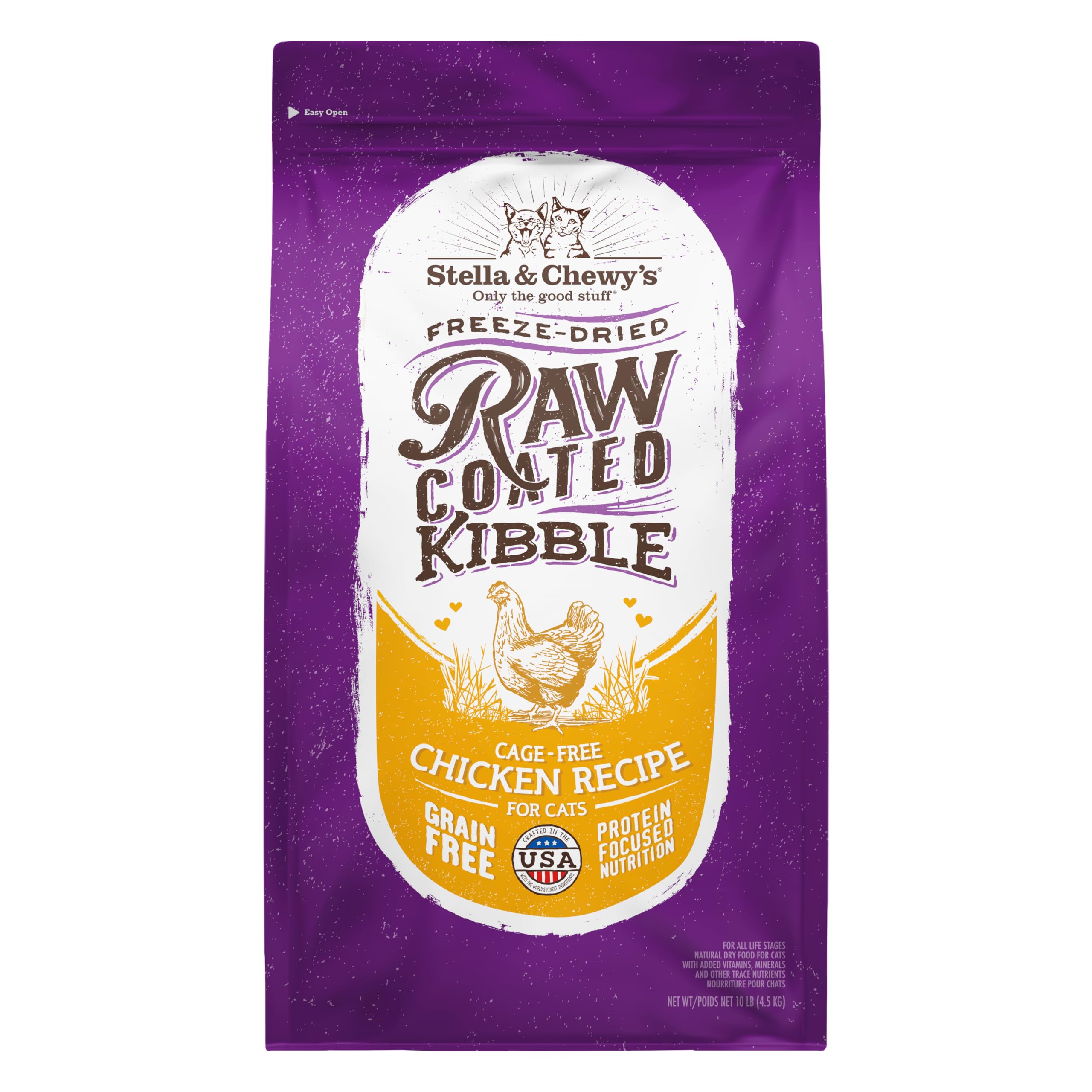 Stella & Chewy's Raw Coated Cat Food - High Protein, Grain-Free Kibble with Cage-Free Chicken - Premium Digestive Support with Probiotics - Natural Small Kibble - Perfect For Picky Eaters - 10 lb Bag